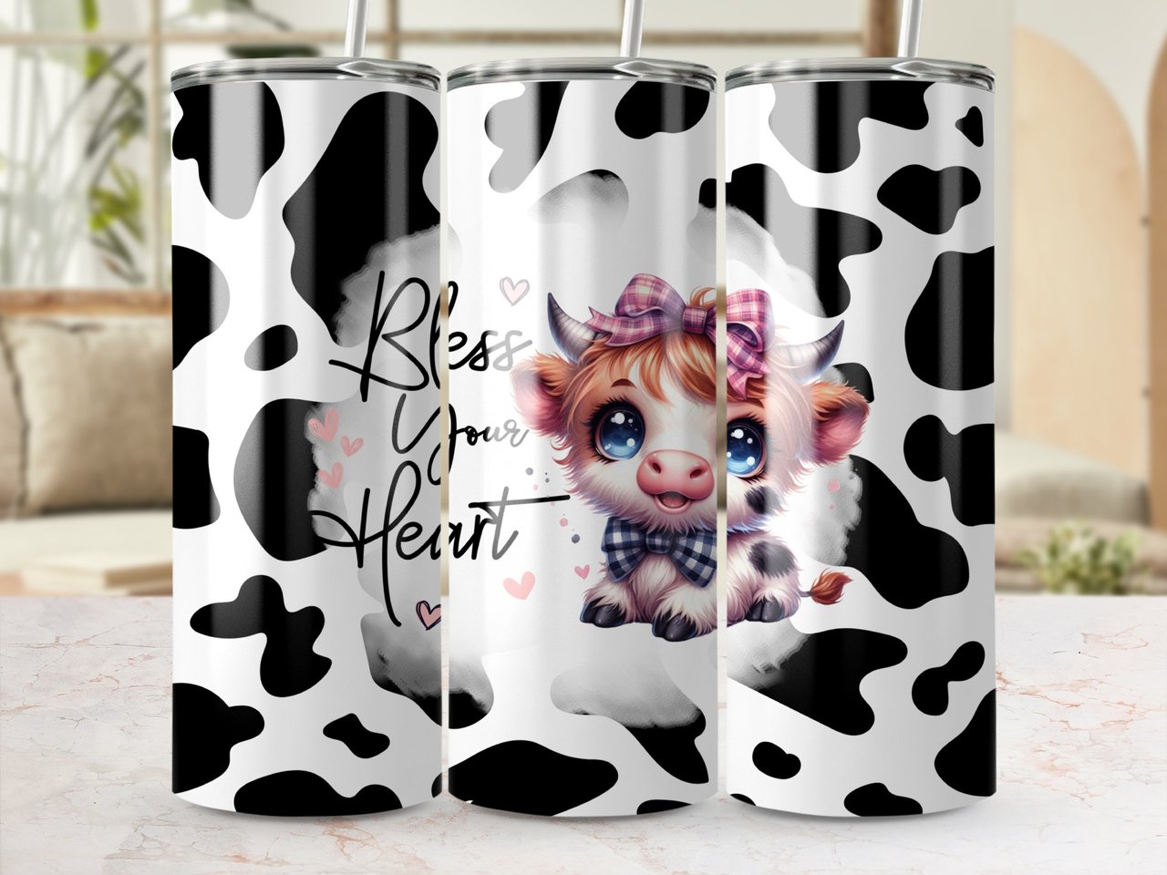 Cute Cow Tumbler Wrap, Bless Your Heart 20oz Tumbler, Farmhouse Tumbler, Seamless Tumbler Design, Animal Lover Gift, Cow Print Tumbler
