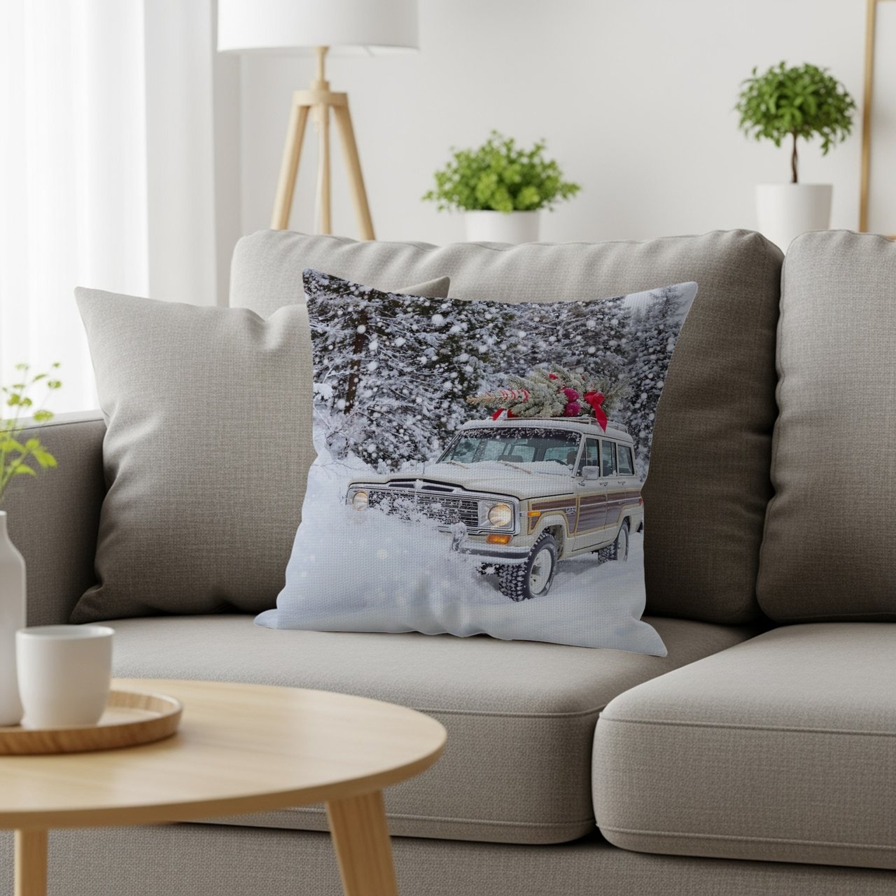 Grand Wagoneer Pillows, Waggy in Snow, Christmas Tree, Pillows and Pillow Cases, Winter Holiday Decor, Car Art, Automotive Gift, Cozy Decor