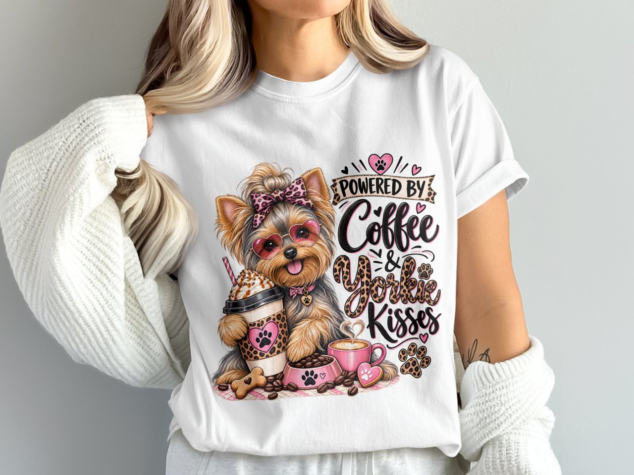 Yorkie Coffee PNG Sublimation Design, Powered By Coffee and Yorkie Kisses