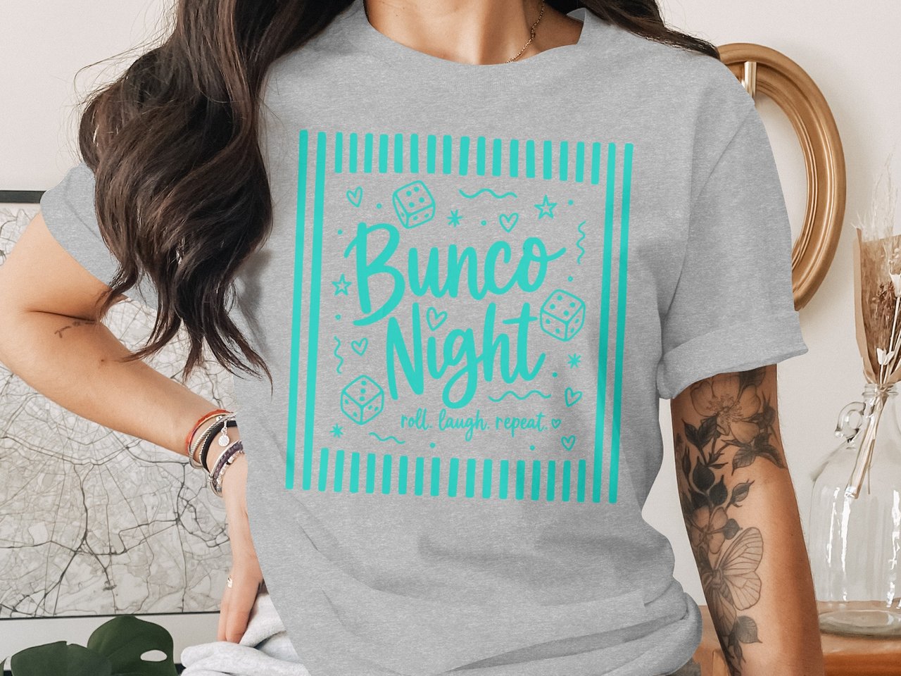 Bunco Night 'Roll. Laugh. Repeat.' T-Shirt