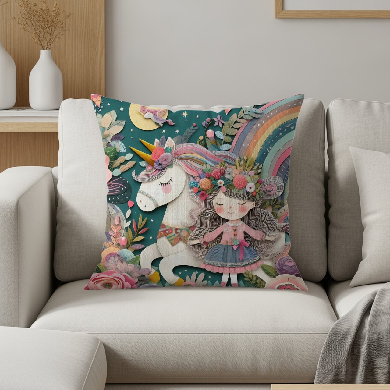 Unicorn Blanket, Pillow and Pillowcase: Floral Rainbow Girl Fantasy Decor