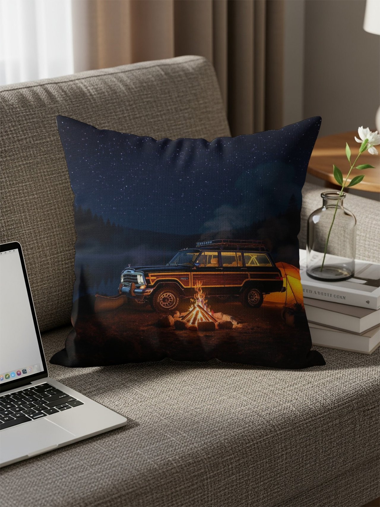 Grand Wagoneer Pillows, Campfire at Night Pillow Cases, Waggy Car Cushions, Lake Cabin Decor, Outdoor Adventure Decor, Starry Night Art