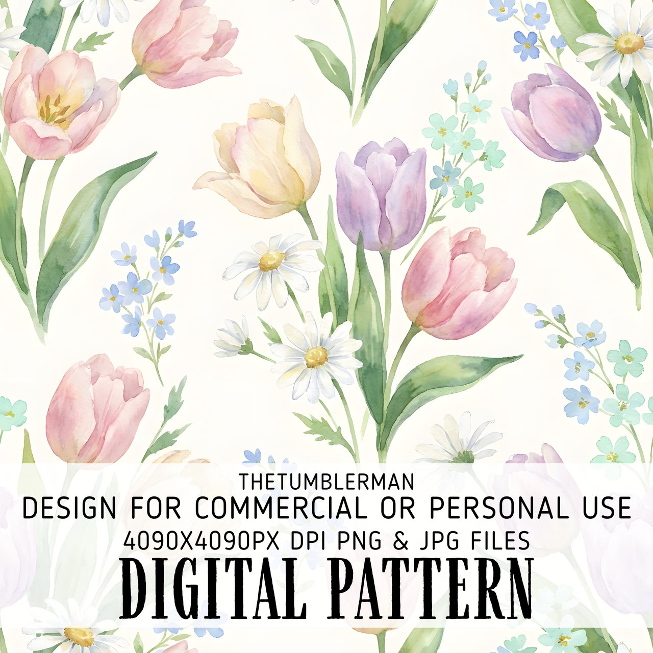 Digital Floral Pattern, Digital Bundle, Watercolor Flowers, Tulip, Daisy, Forget Me Not, Spring Flowers, Seamless Pattern, Commercial Use