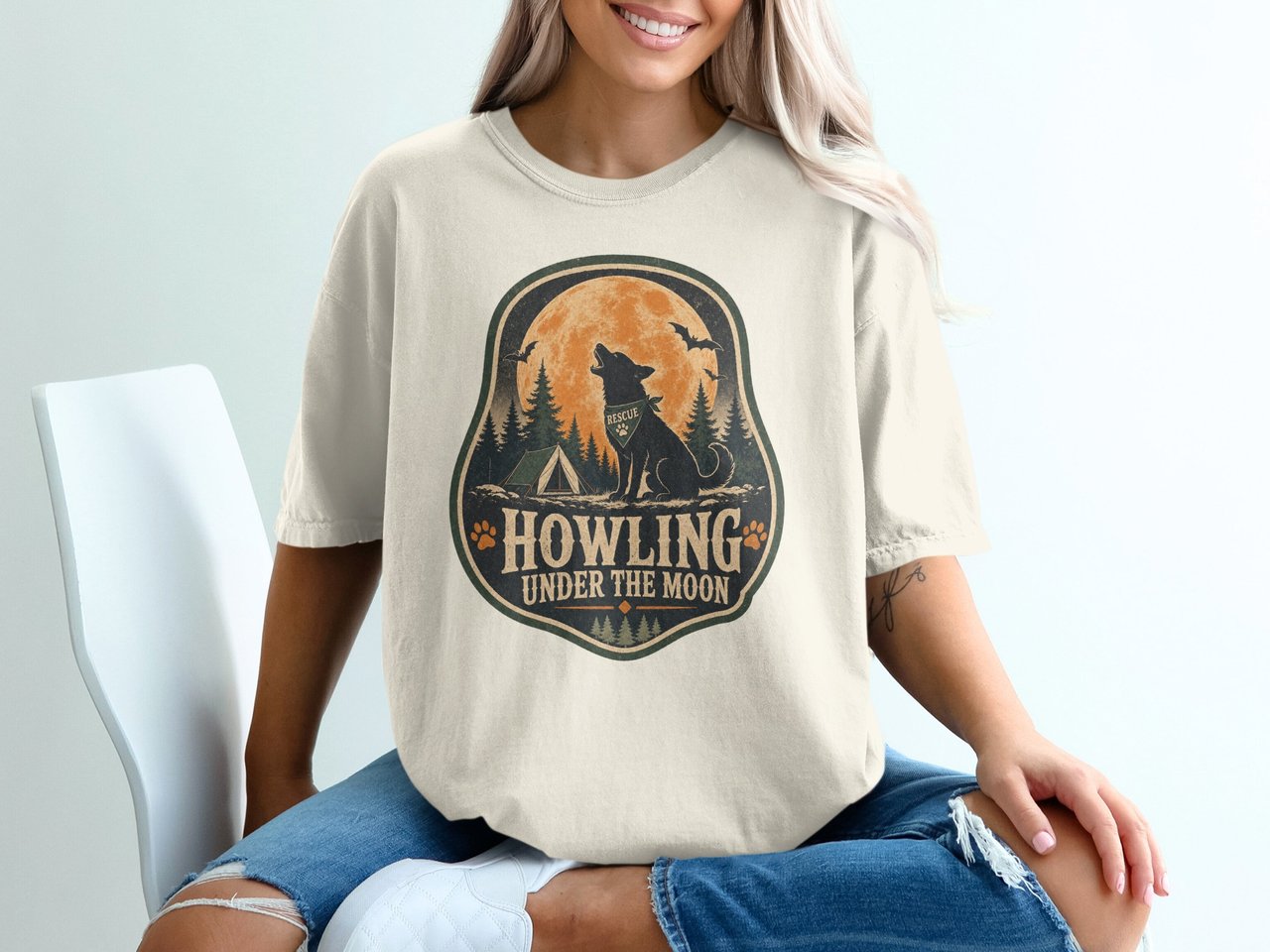 Vintage Howling Wolf T-Shirt, Moonlit Forest Camping Tee, Rescue Dog Lover Graphic, Spooky Nature Grunge Aesthetic Gift