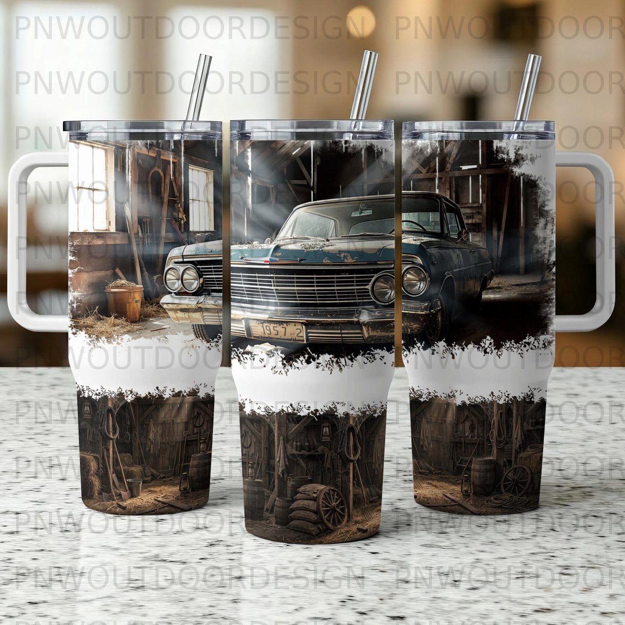 40oz Tumbler Vintage Car Barn Sublimation, Seamless Tapered Distressed Hot Rod Wrap Digital, Rustic Garage PNG