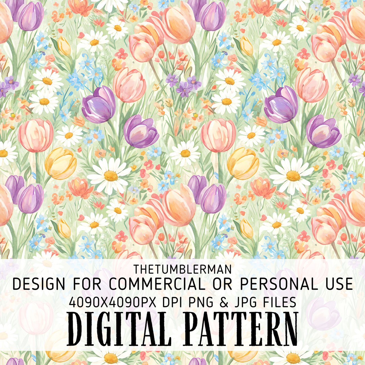 Digital Floral Pattern Bundle, Spring Flower Seamless Design, Tulip Daisy Digital Paper, Watercolor Style Fabric Design, Commercial Use