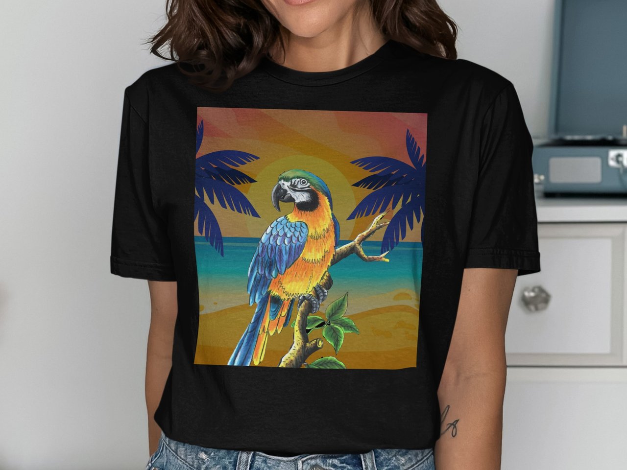 Tropical Parrot Sunset Beach T-Shirt, Vibrant Macaw Bird Tee, Island Life Vacation Shirt, Nature Lover Gift for Her, Beach Summer Apparel