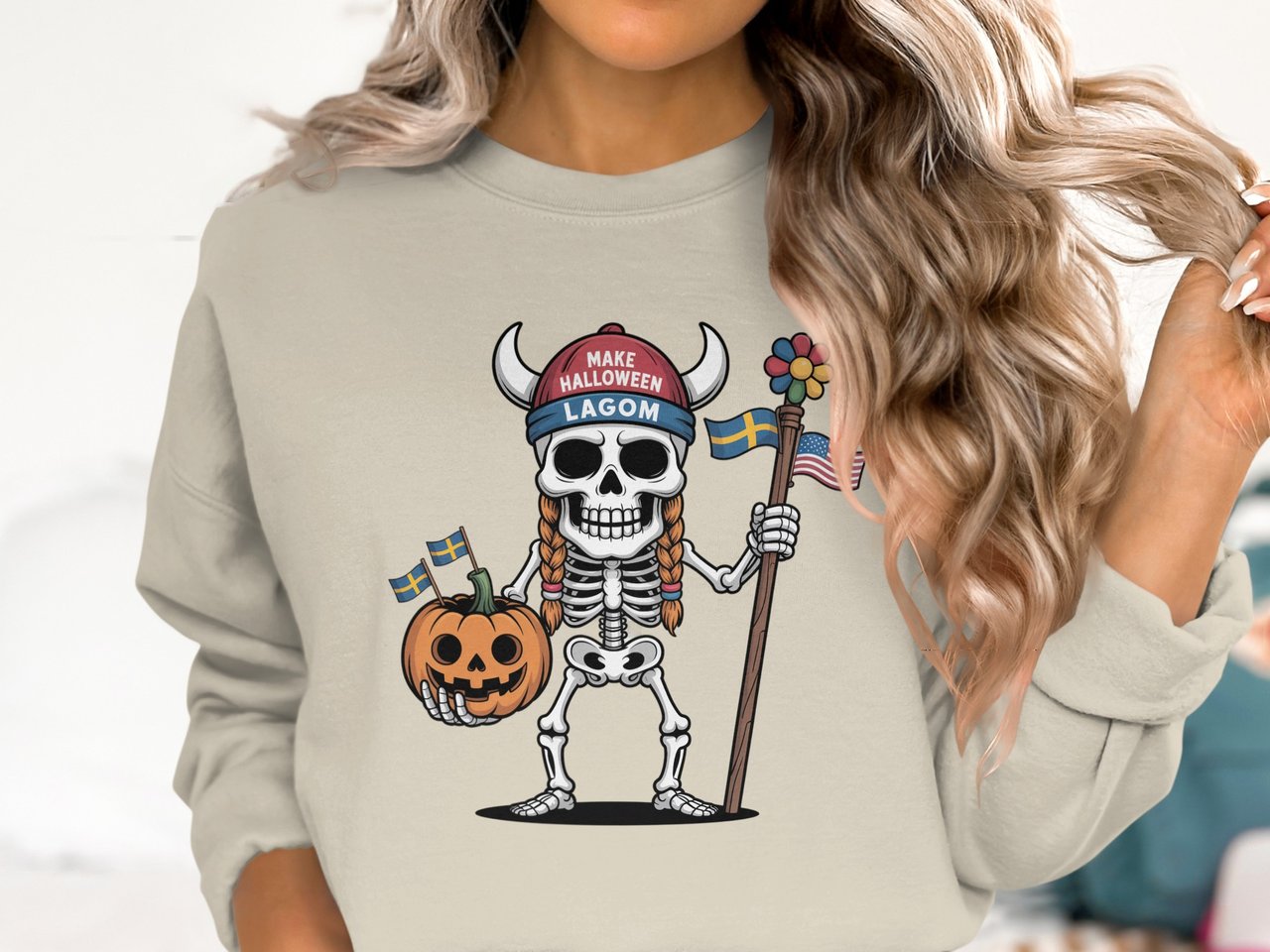 Swedish American Halloween Sweatshirt and T-shirts, Scandinavian Halloween Costume, Sweden USA Flag, Lagom Sweatshirt, Skeleton Halloween