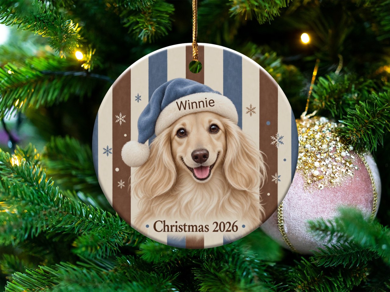 Golden Dog Christmas Ornament 2026, Cute Puppy in Blue Santa Hat Holiday Decor, Vintage Striped Pet Keepsake Gift for Dog Mom Dog Lover