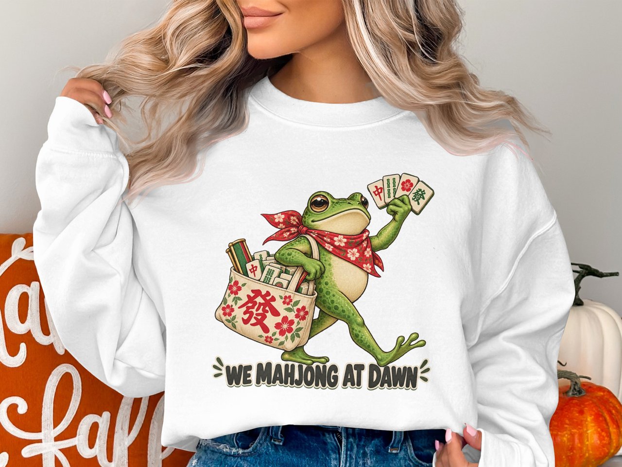 We Mahjong At Dawn Sweatshirt Cute Frog Tote Bag, Mahjong Player Gift Graphic Crewneck, Funny Mahjong Lover Shirt, Asian Board Game Apparel
