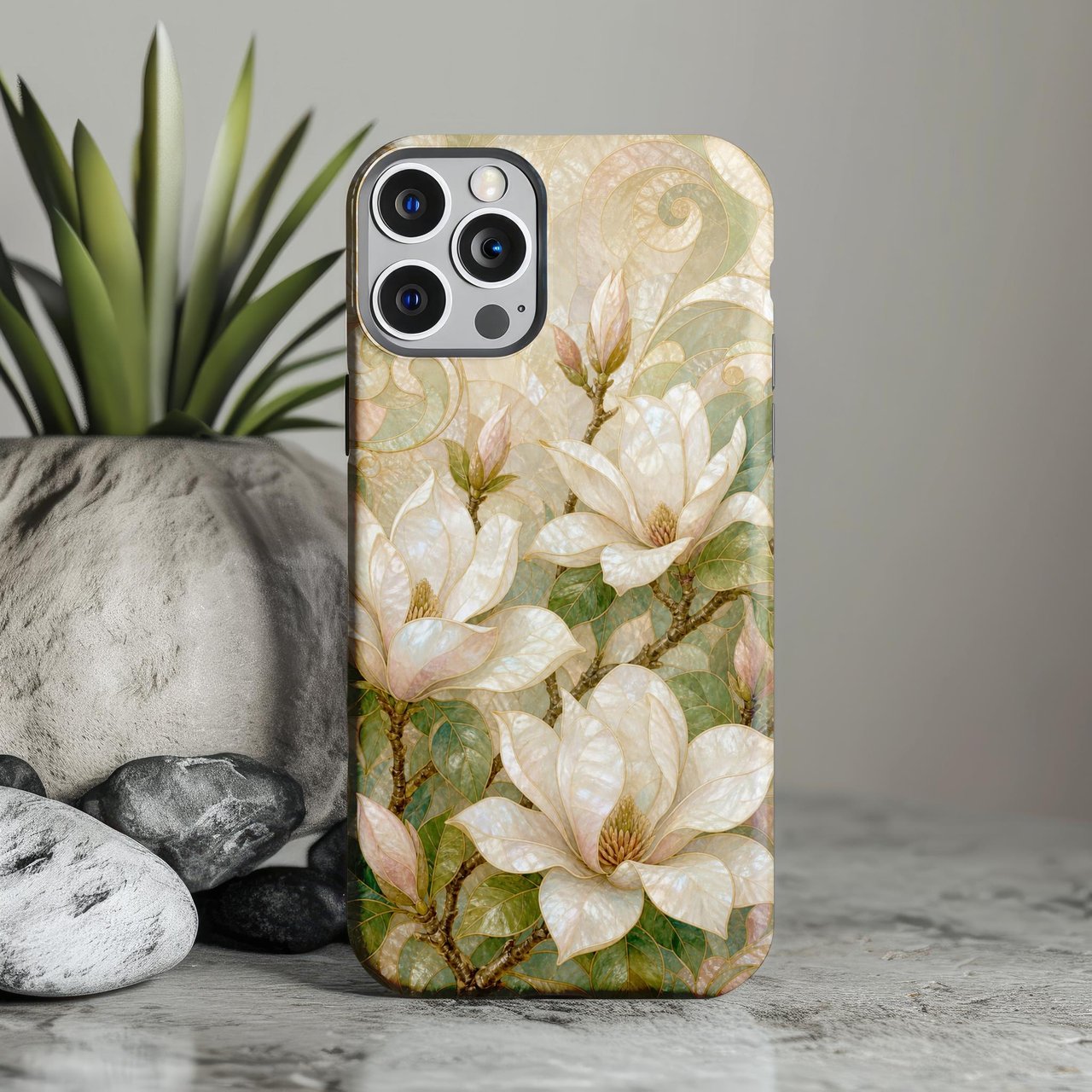 Magnolia Flower Tough Phone Case Art Nouveau Pearl Mosaic Case Elegant Botanical Floral Phone Cover Vintage Aesthetic Gift for Her