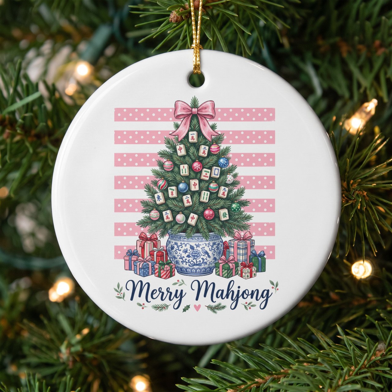 Merry Mahjong Christmas Ornament, Preppy Chinoiserie Tree Holiday Ornament, Mahjong Player Gift, Grandmillennial Game Night Keepsake Decor