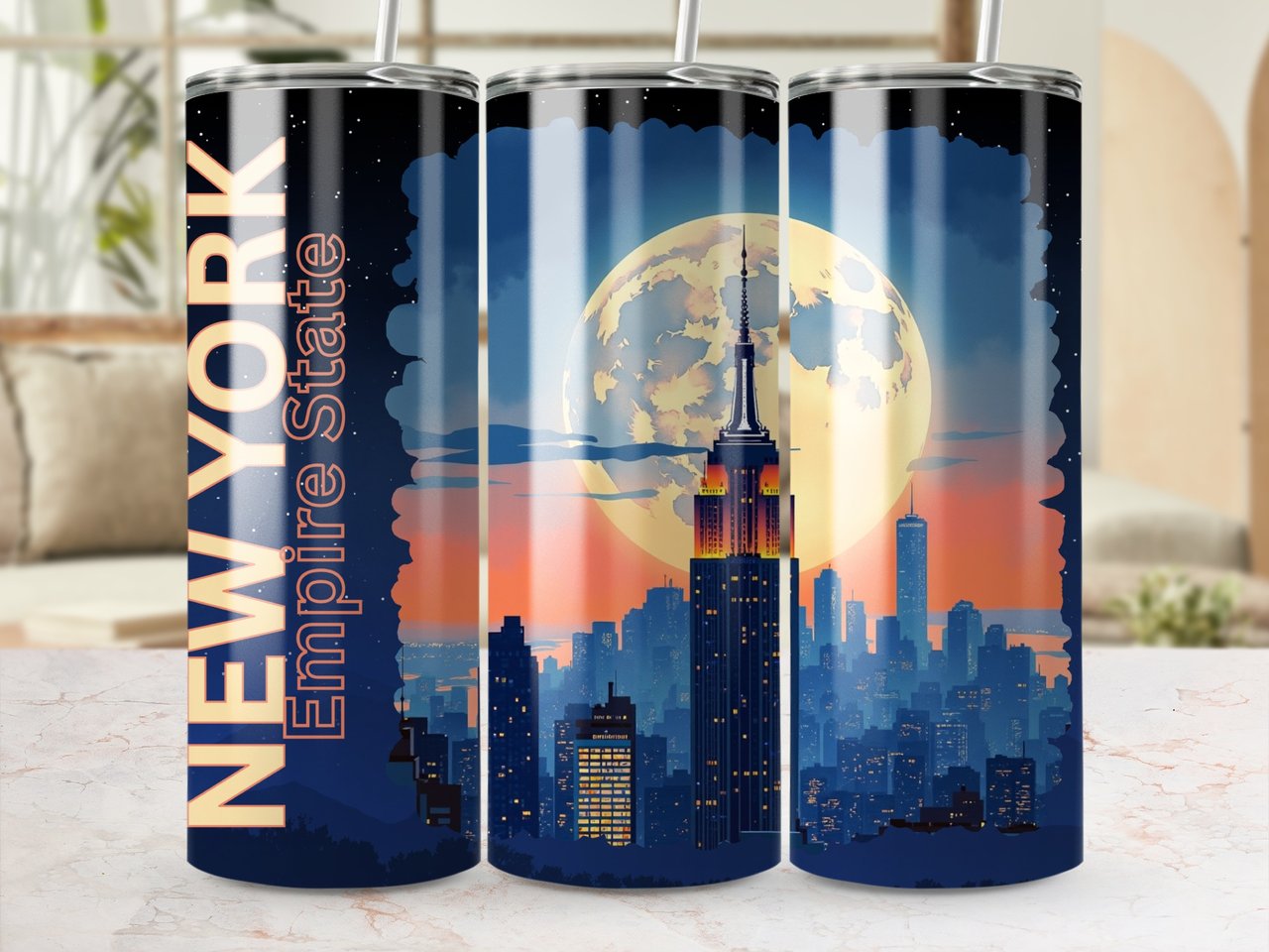 New York City Tumbler Wrap Digital | NYC Empire State Building Skyline Full Moon | 20oz Skinny Seamless Sublimation Design PNG