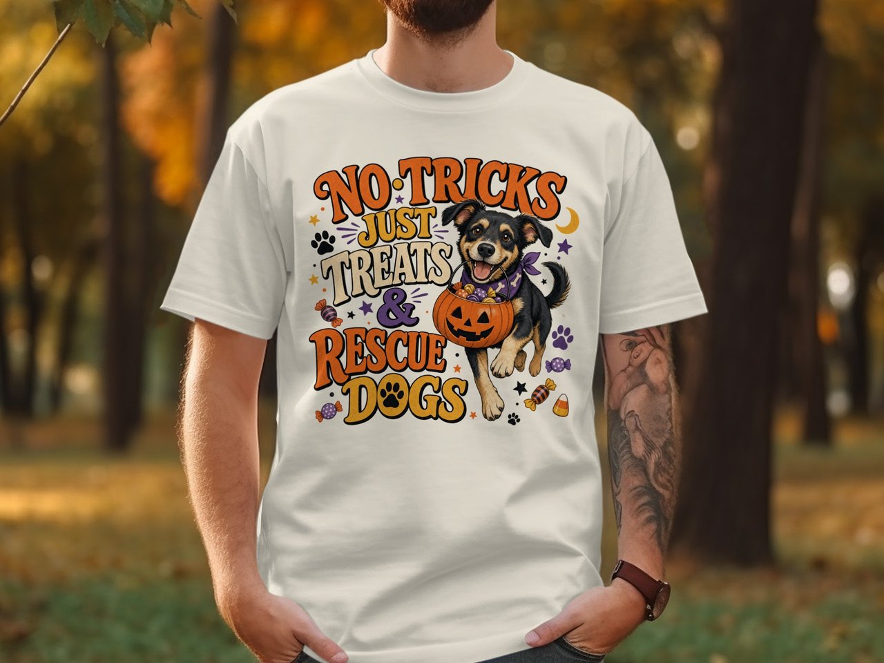 Rescue Dog Halloween T-Shirt, No Tricks Just Treats & Rescue Dogs, Cute Puppy Fall Graphic Tee, Adopt Don't Shop Spooky Season Dog Lover