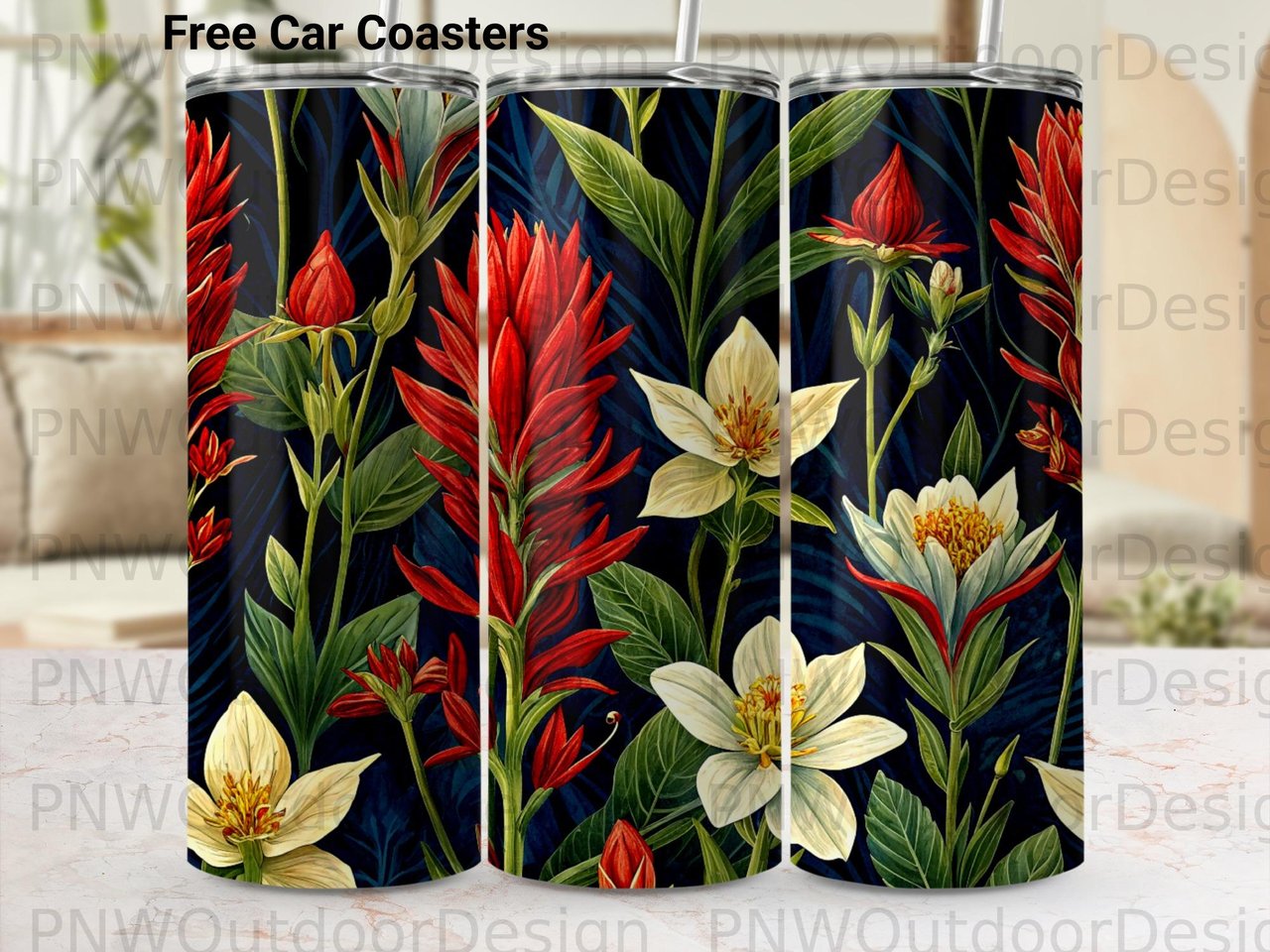 Tropical Floral Tumbler Wrap 20oz Digital PNG for Sublimation, Seamless Dark Botanical Exotic Flowers Design, Gift for Her Download