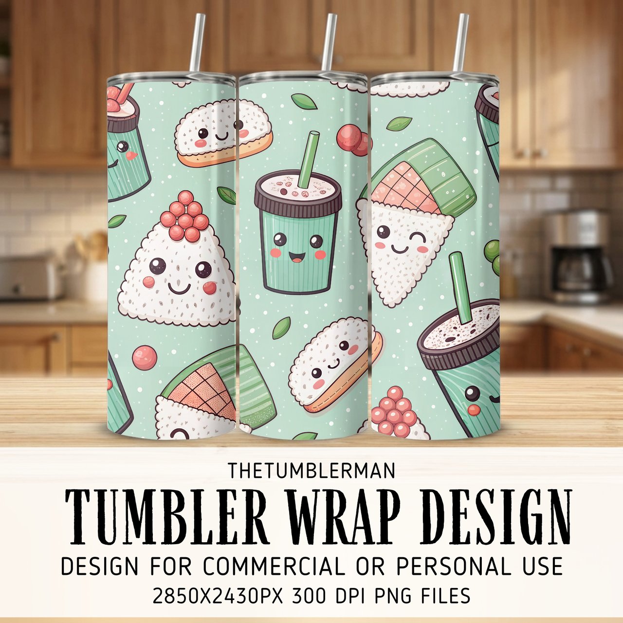 Kawaii Sushi & Boba Tea Pattern Digital Size Bundle Png