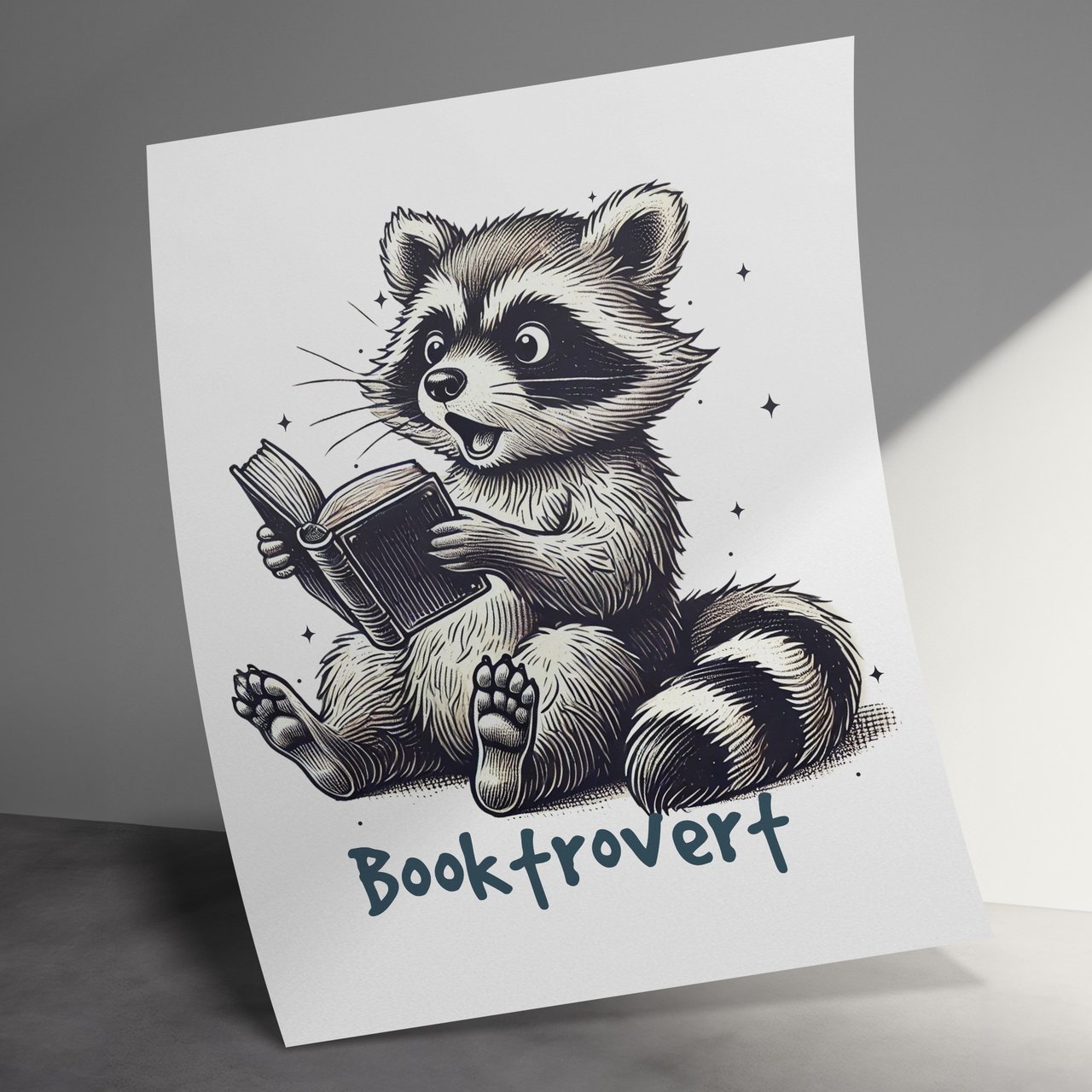 Booktrovert Raccoon Poster, Reading Raccoon Art, Cute Animal Print, Book Lover Gift, Funny Raccoon Decor, Cartoon Raccoon, Wall Art
