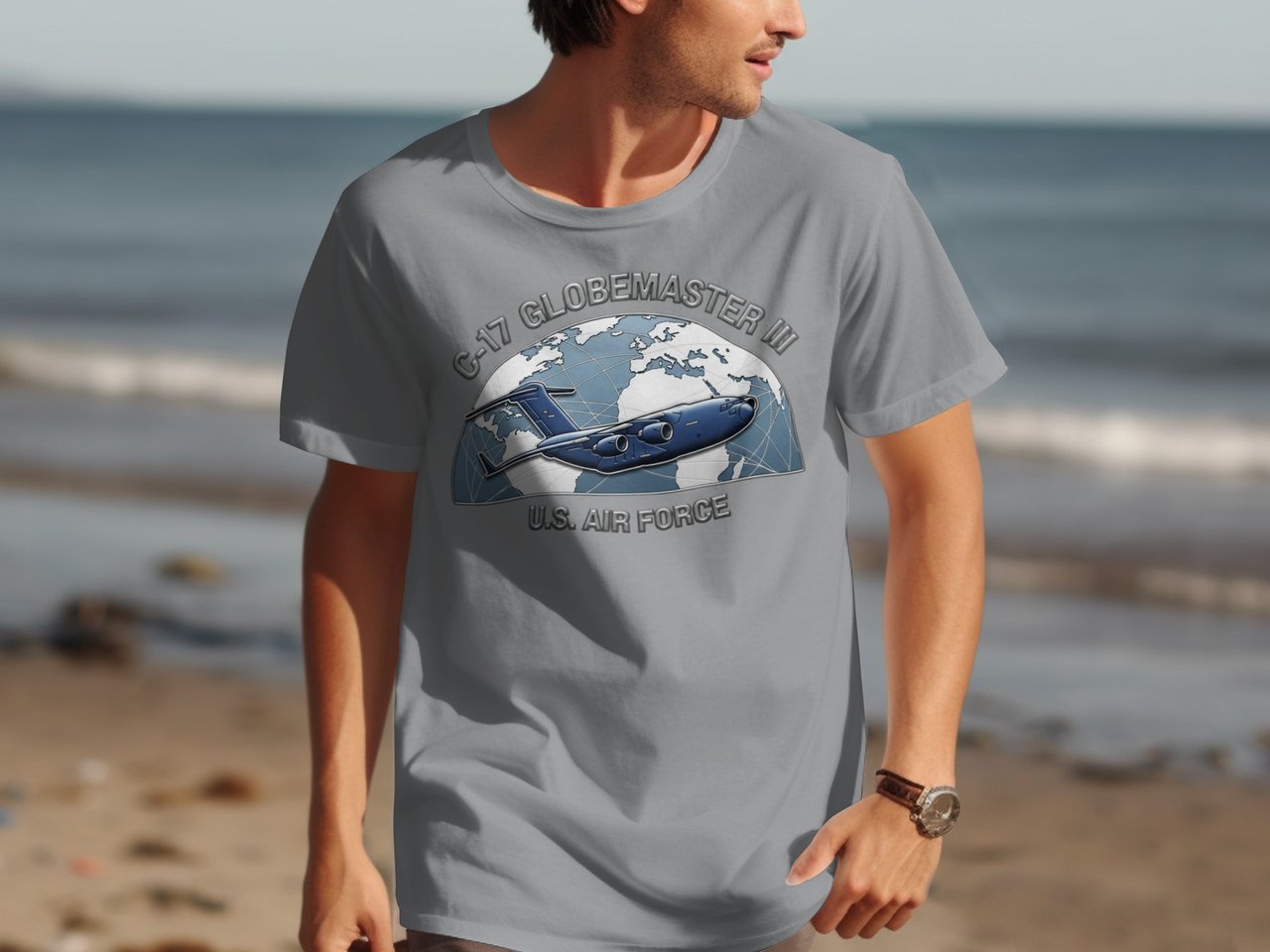 C-17 Globemaster III Air Force T-Shirt, Patriotic Military Aviation Tee, US Air Force Veteran Gift, Pilot Plane Graphic Crewneck Shirt