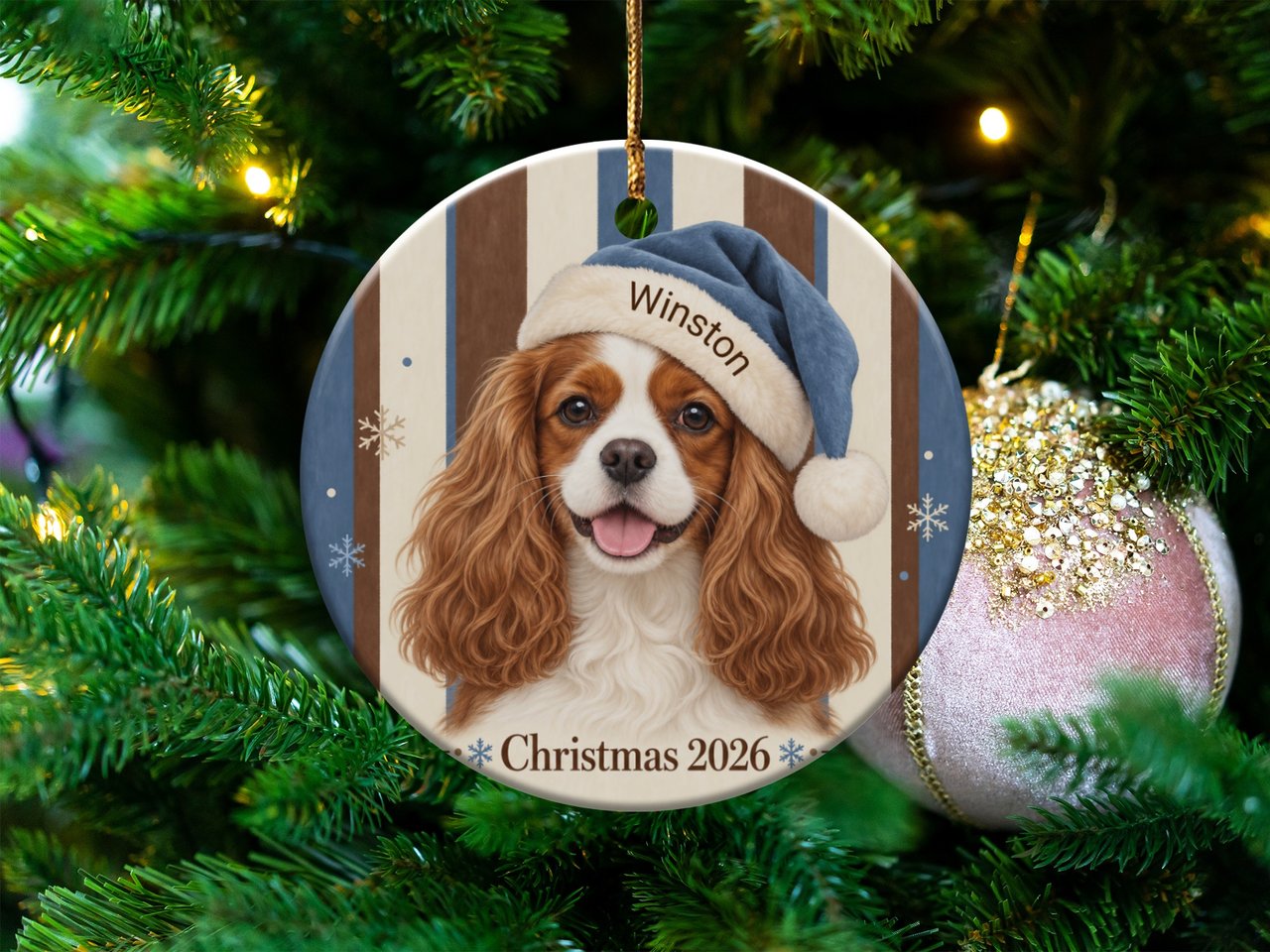 Cavalier King Charles Spaniel Ornament, Christmas 2026 Dog Ornament, Cute Blue Santa Hat Pet Keepsake Holiday Tree Decor Dog Mom Gift