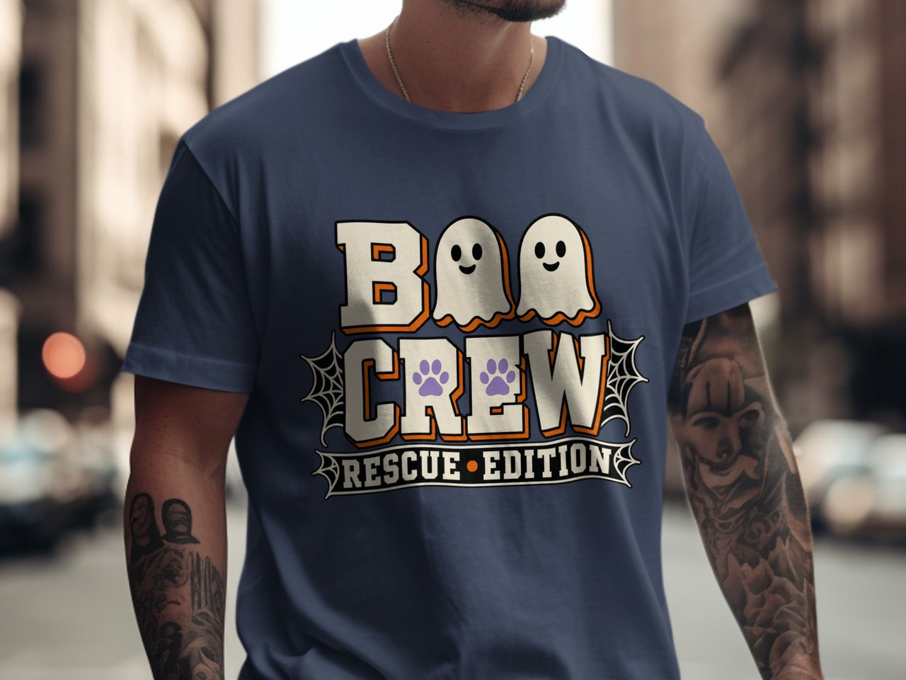Boo Crew Rescue Edition Halloween T-Shirt, Spooky Cute Dog Cat Paw Print Animal Lover Tee, Retro Ghost Pet Rescue Gift