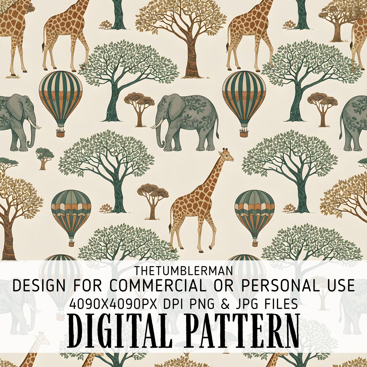 Digital Pattern, Giraffe, Elephant, Hot Air Balloon, Trees Digital Bundle, Safari Animals, Illustration, Printable Art, Graphic Design