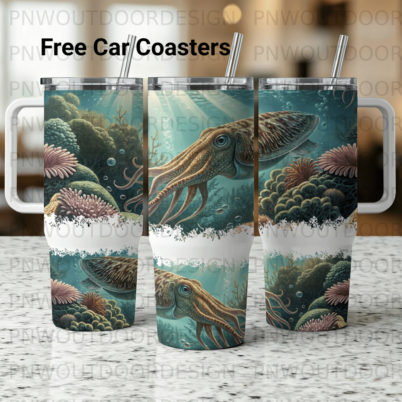 Cuttlefish Sublimation Wrap 40oz Tumbler Digital Design, Ocean Life Seamless PNG, Marine Animal Under Sea Art Distressed Wrap