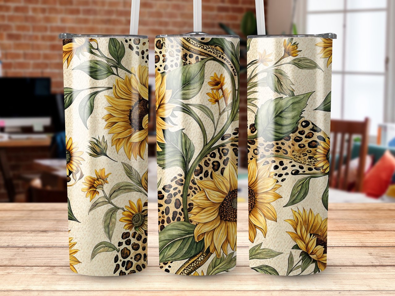 Sunflower Leopard 20oz Tumbler Wrap PNG, Digital Download, Floral Tumbler Design, Seamless Tumbler File, Sublimation Design