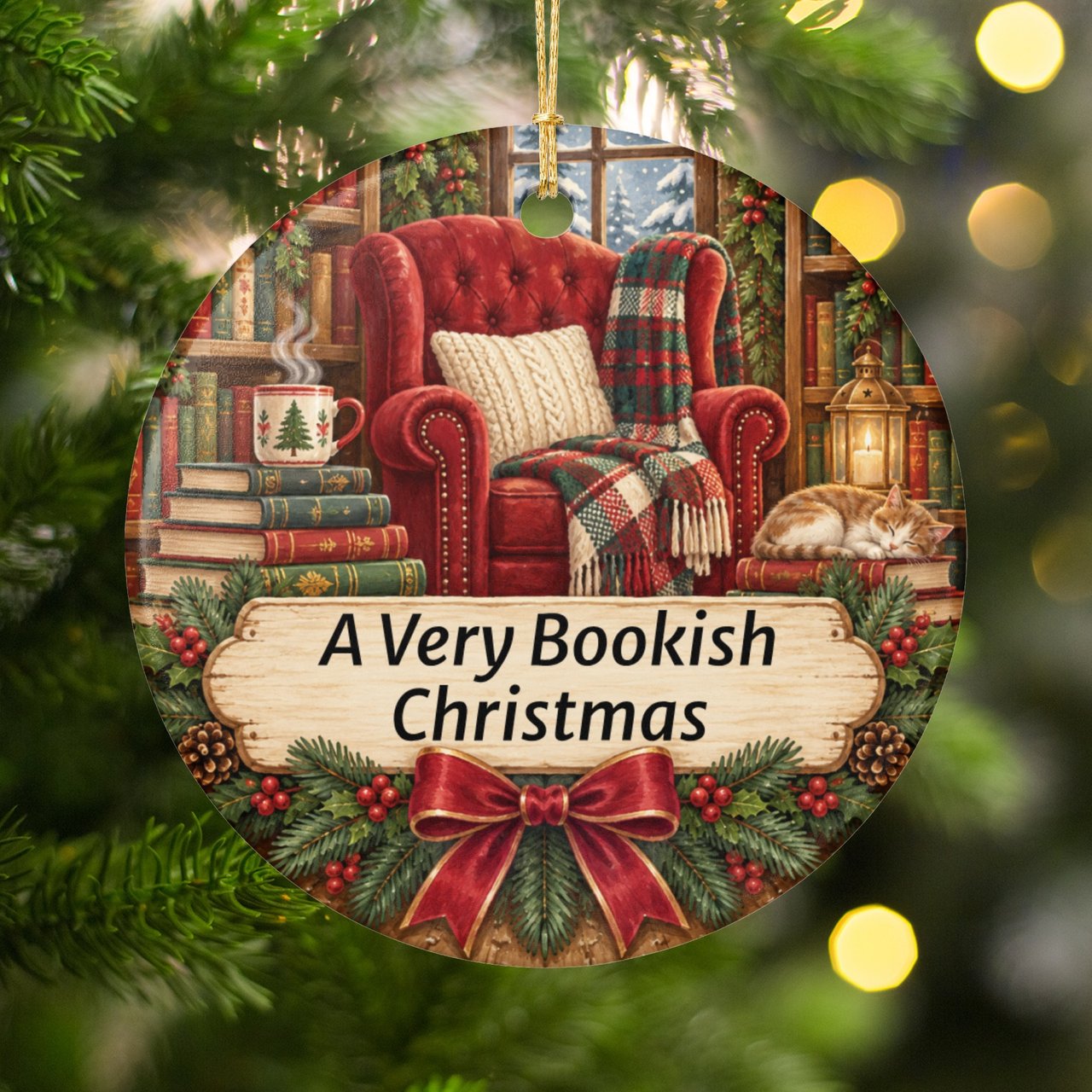 Bookish Christmas Ornament, Cozy Book Lover Holiday Decor, Reading Nook Cat Library Bookworm Tree Charm, Literary Gift for Readers