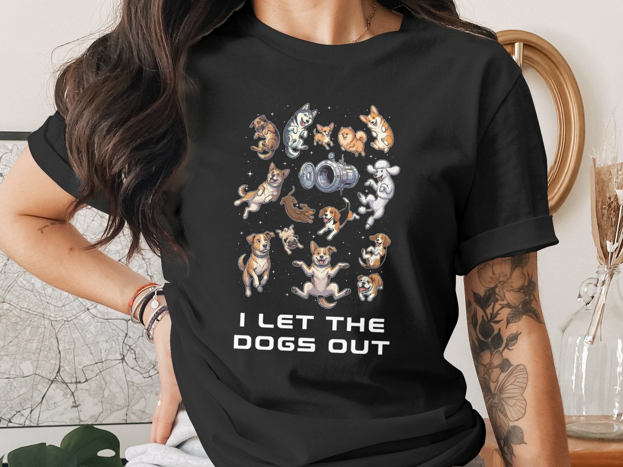 I Let the Dogs Out T-Shirt, Funny Space Dog Design tee, Dog Lover Gift, Cute Puppies, Astronaut Dog, Unique Dog T-Shirt