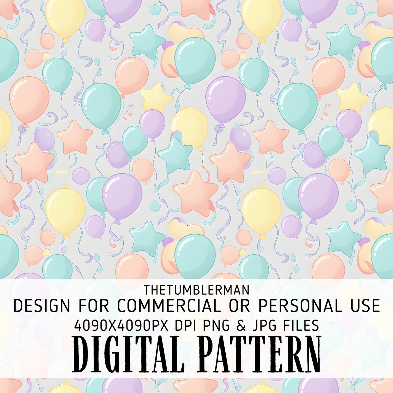 Digital Balloons Pattern, Stars, Party, Pastel Colors, Cute Balloons Clipart, Digital Paper, Digital Bundle Pattern, Seamless Pattern