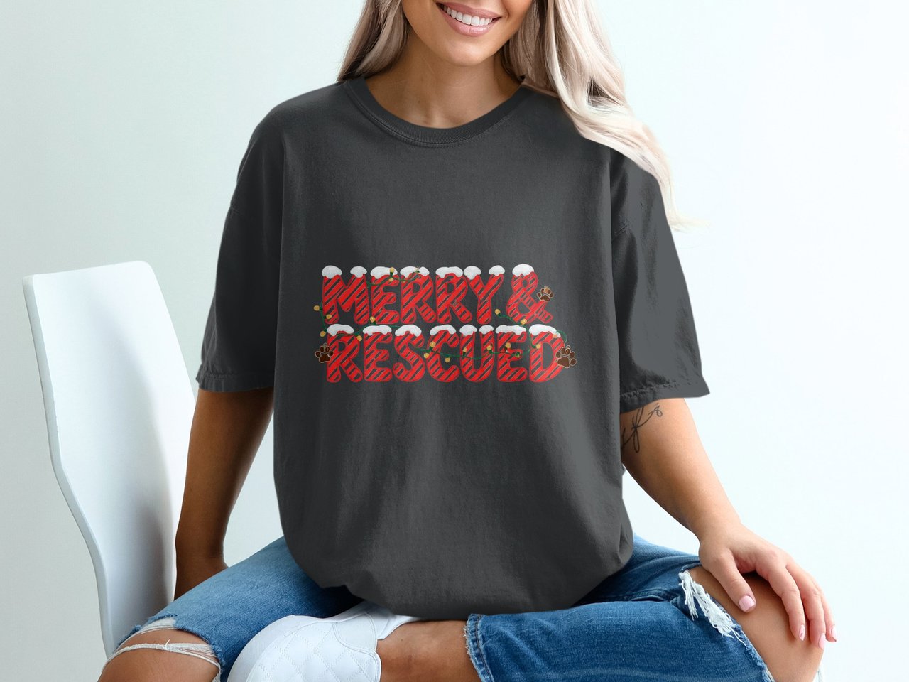 Merry & Rescued Christmas T-Shirt, Dog Lover Pet Adoption Tee, Animal Rescue Holiday Shirt, Paw Print Xmas Gift