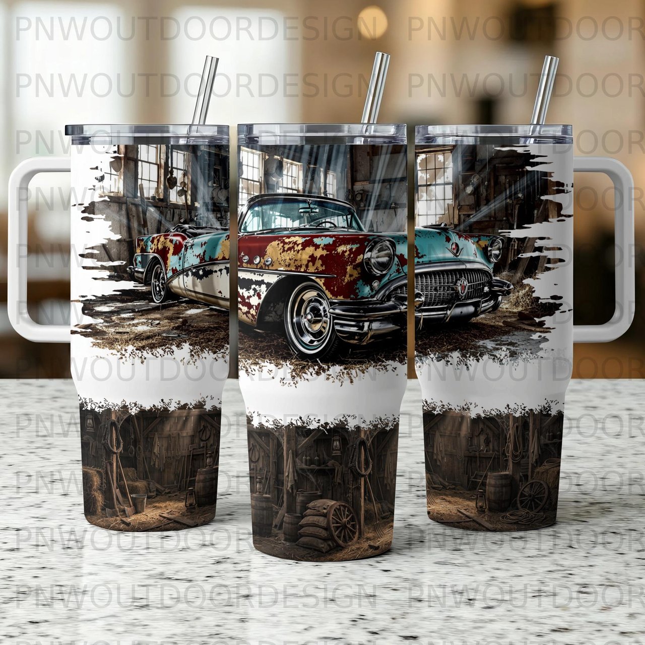 40oz Tumbler Sublimation Seamless Distressed Tapered Wrap | Classic Vintage Car Garage Design | Retro Hot Rod Mechanic Dad Gift Digital File