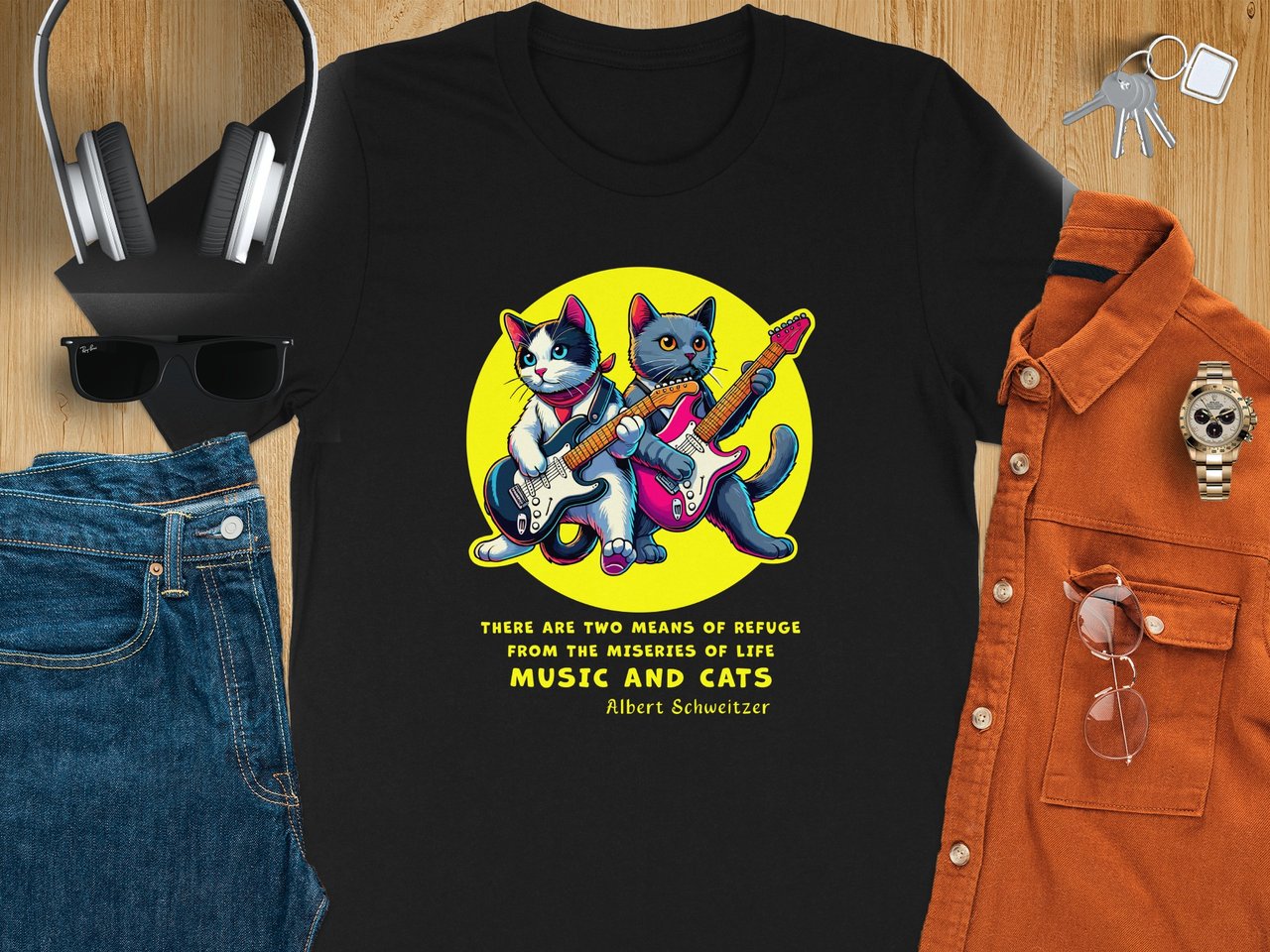 Cute Cats Playing Guitar, Music and Cats Inspirational Quote Tee, Albert Schweitzer Quote, Fun Music Lover Cat Lover tee
