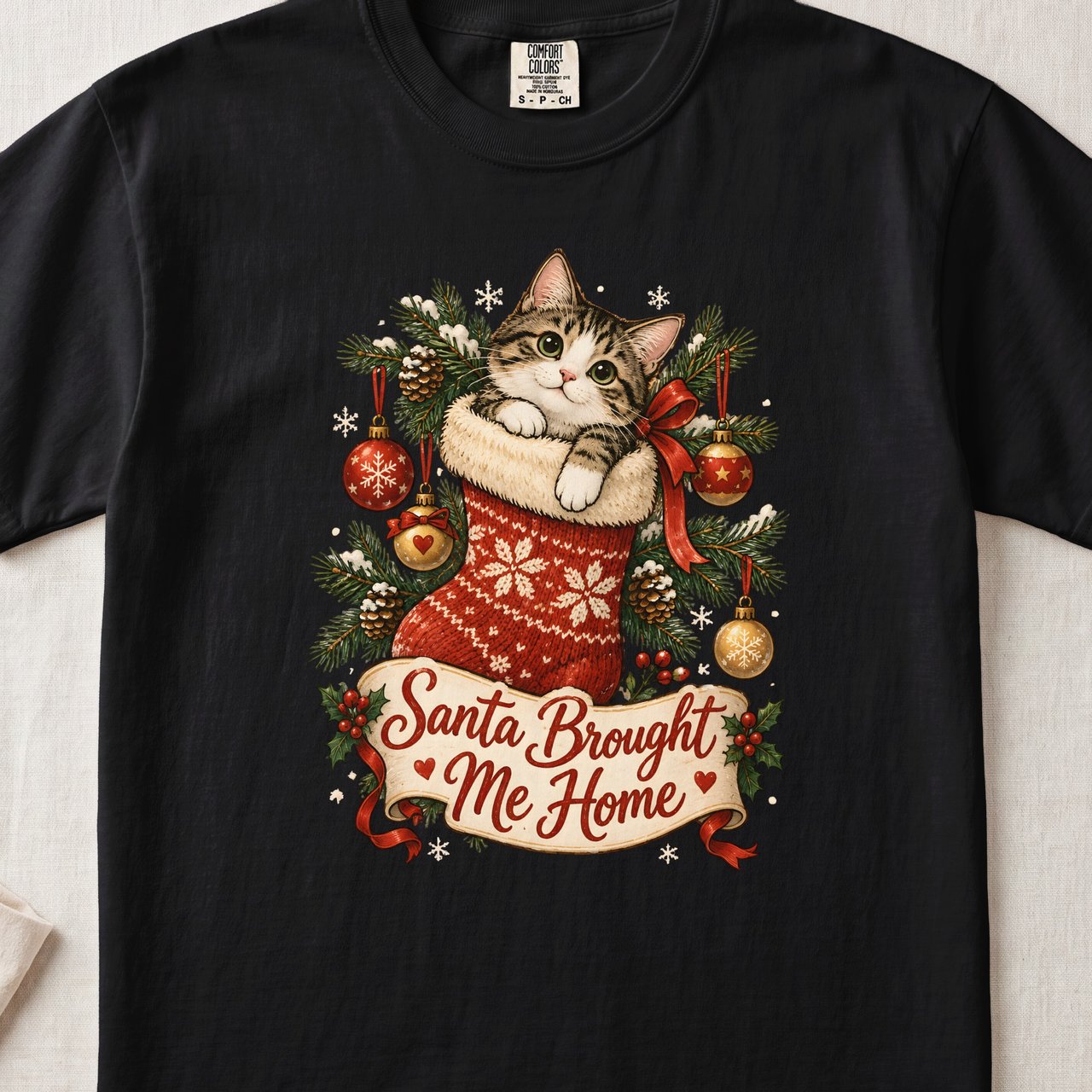Santa Brought Me Home Shirt – Rescue Cat Christmas Stocking Tee
