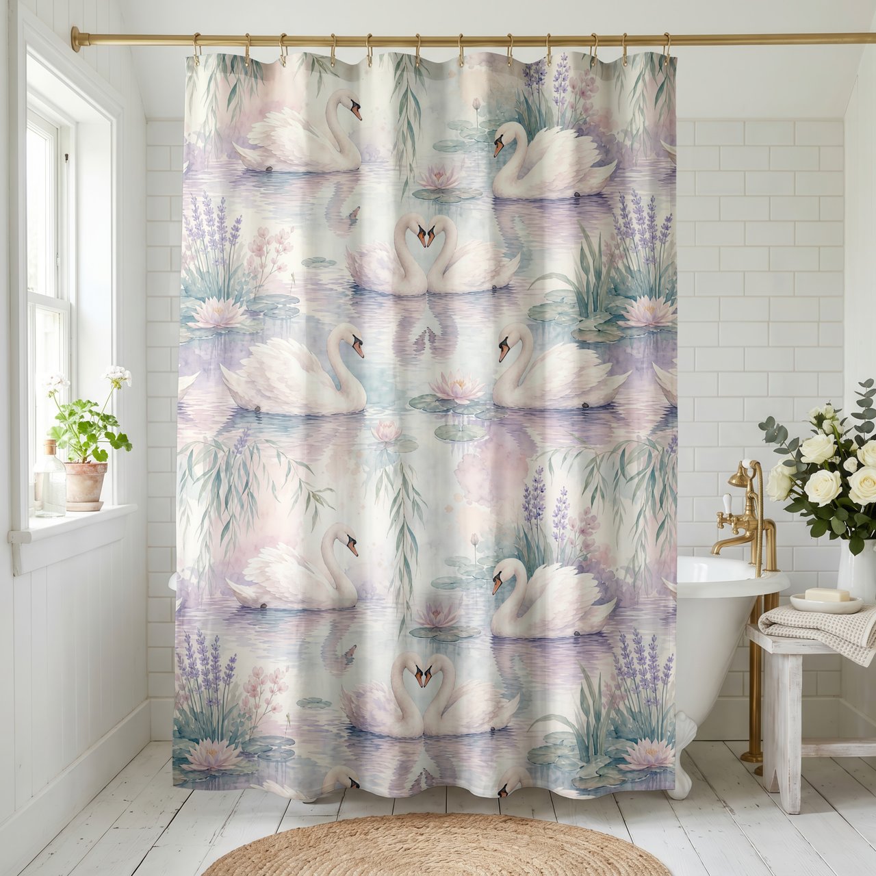 Watercolor Swan & Lavender Shower Curtain