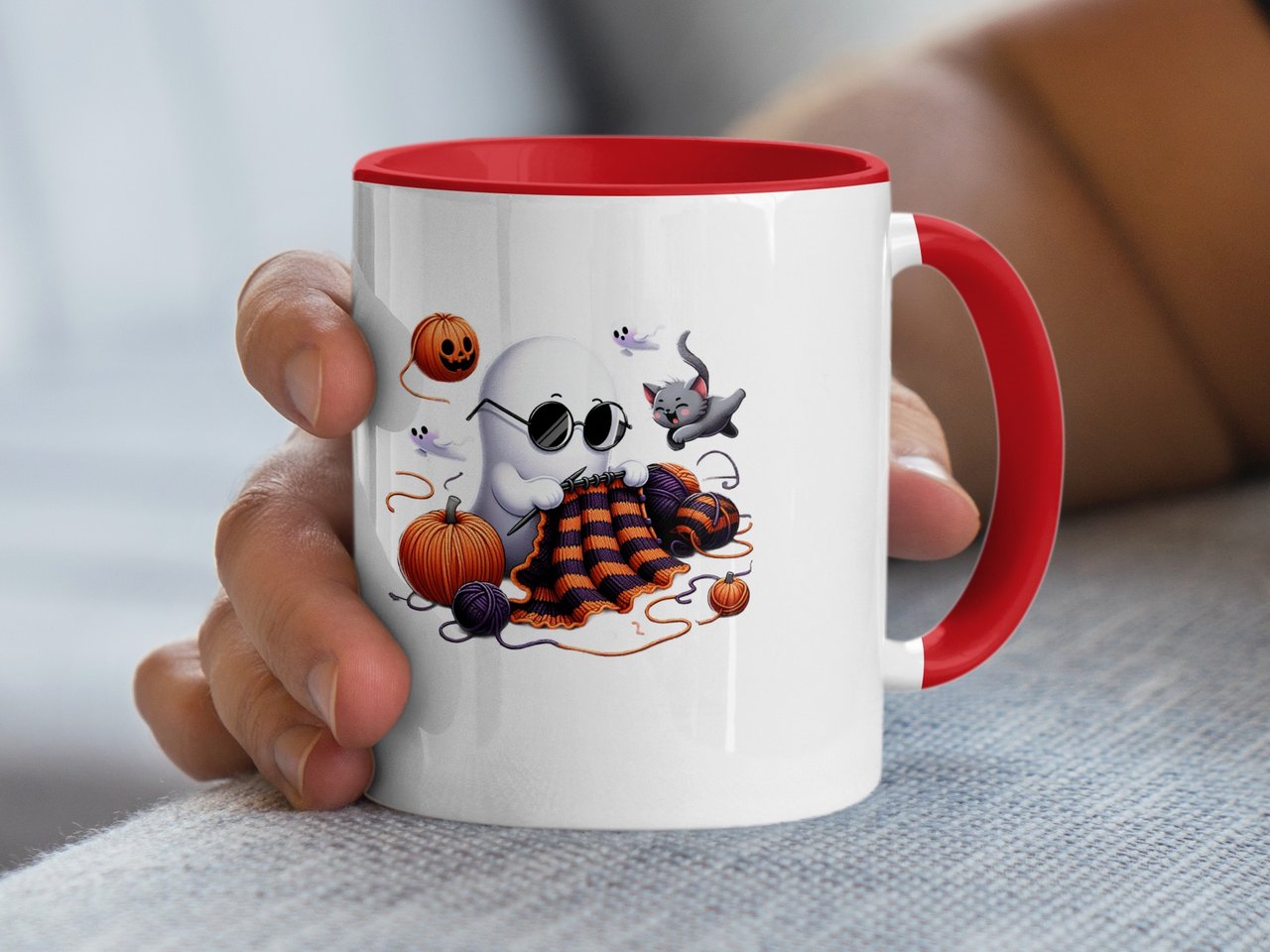 Halloween Mug, Knitting Ghost Mug, Funny Ghost Mug, Fall Mug, Halloween Coffee Mug, Autumn Mug, Cute Cat Mug, Pumpkin Mug, Halloween Gift