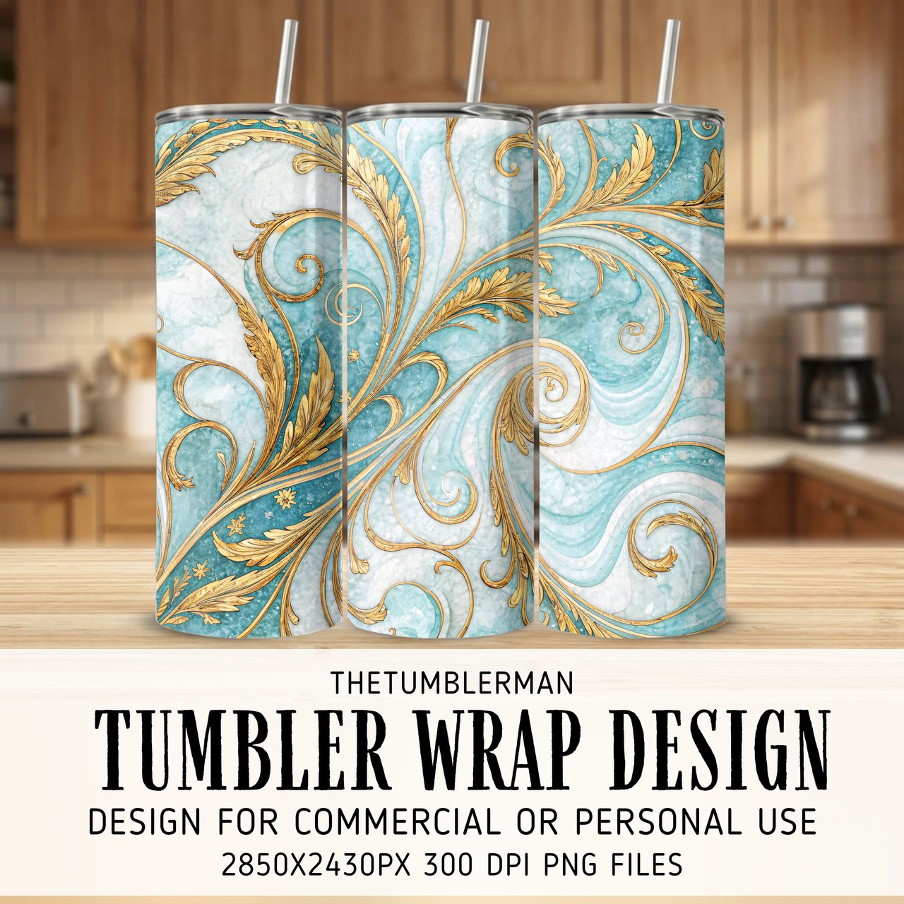 20 oz Tumbler Wrap, Gold Floral Sublimation Design, Digital Download, Straight and Tapered Wrap png, Teal Blue Swirls, Tumbler Digital