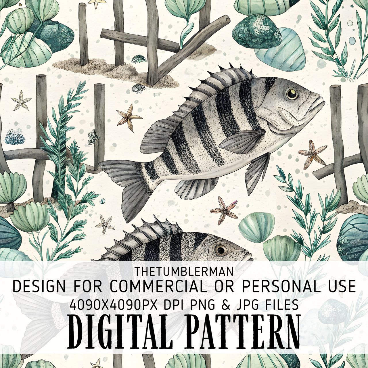 Digital Pattern, Digital Bundle, Sheepshead Fish Pattern, Ocean Underwater, Tropical Pattern, Starfish Digital, Ocean Life, Digital Download