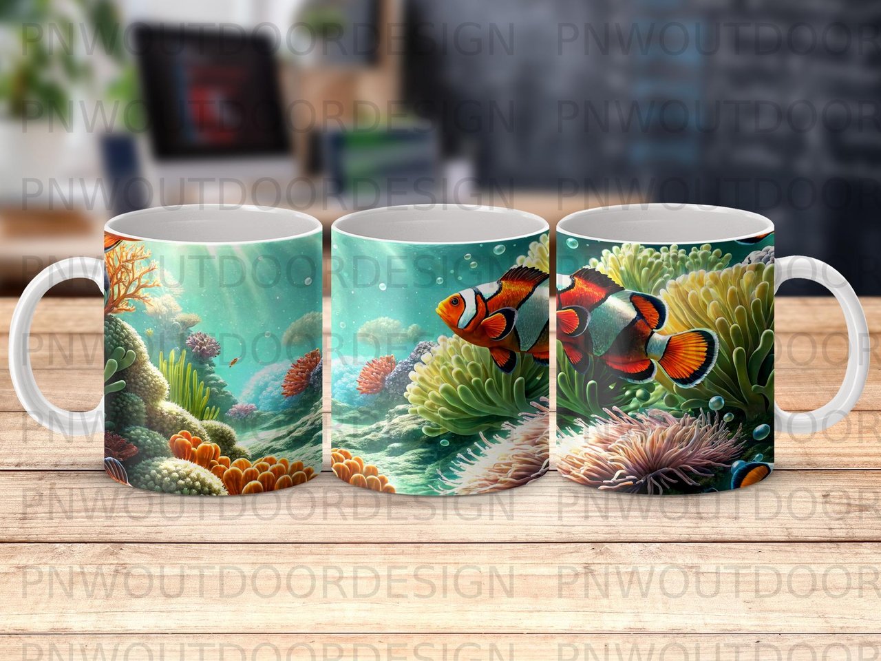 Clownfish & Anemone Mug Wrap Digital Design | Ocean Life Sublimation PNG | 11oz 15oz Marine Fish Cup Wrap