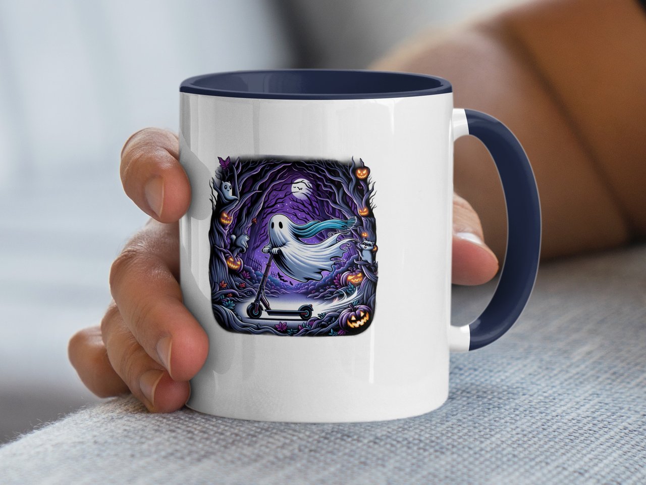 Halloween Mug, Ghost on Scooter, Spooky Night, Halloween Decor, Autumn Vibes, Gift for Halloween, Party Mug, Coffee Cup, Fun Halloween Mug