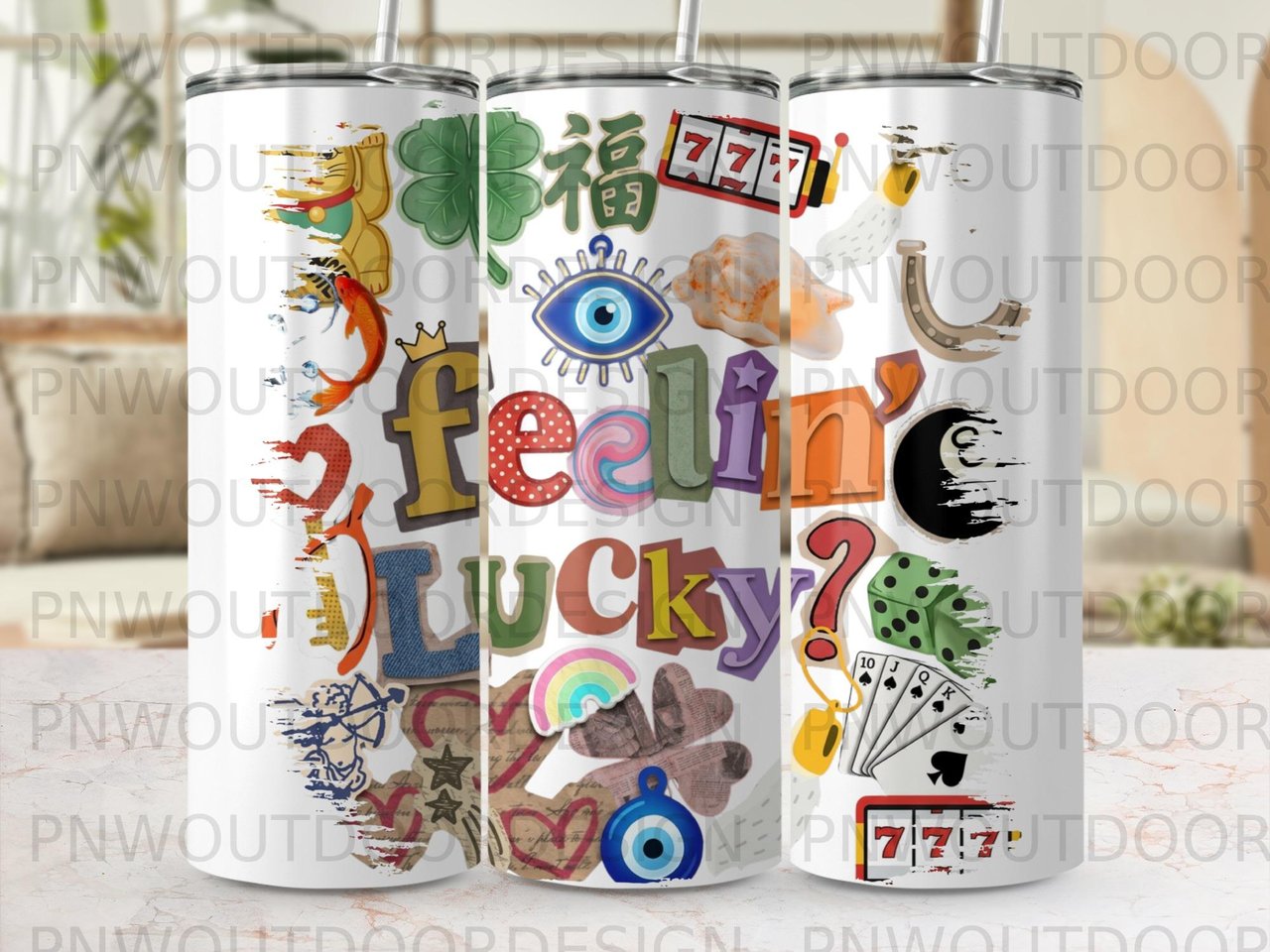 Feelin' Lucky Tumbler PNG, Good Luck Sublimation Design for 20oz Skinny Tumbler, Lucky Charm Collage Wrap Digital