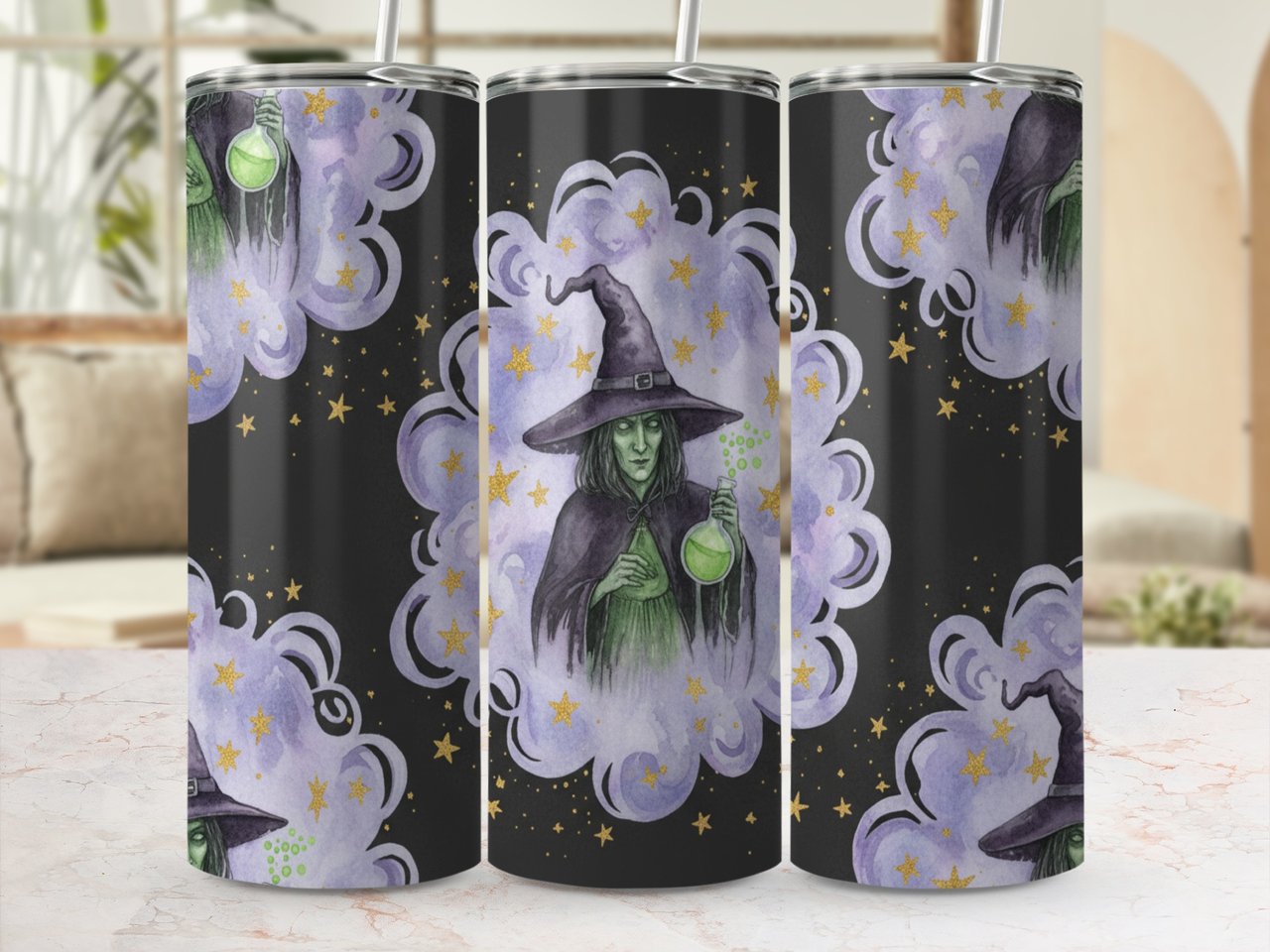 Witchy Tumbler Wrap Digital Download - Seamless 20oz Skinny Tumbler Design, Watercolor Witch & Potion, Faux Gold Glitter Stars PNG