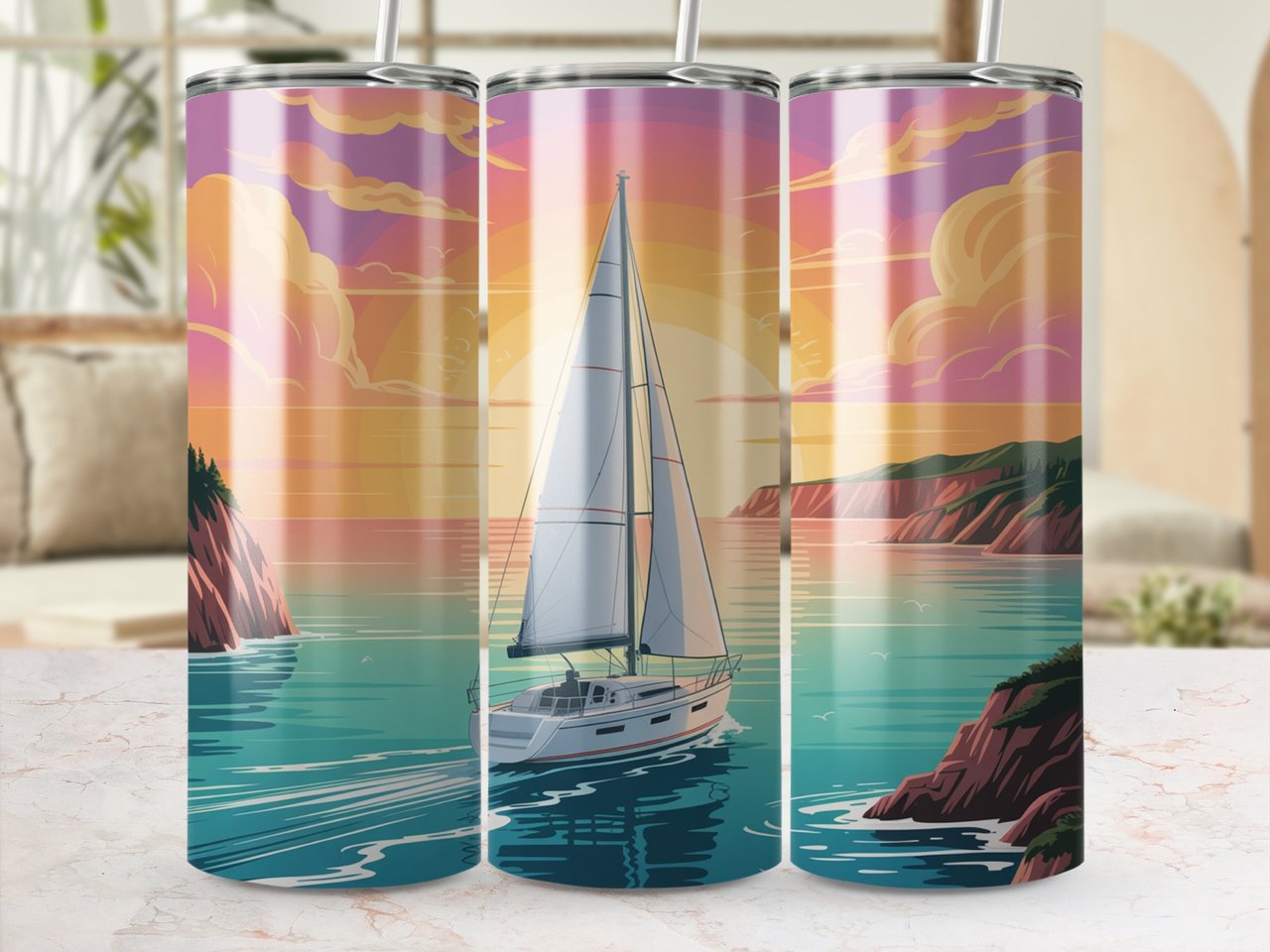 Yacht Sunset 20oz Tumbler Wrap, Nautical Tumbler Design, Boat Waterscape Digital Download, Sublimation Design, Tumbler Wrap, Commercial Use