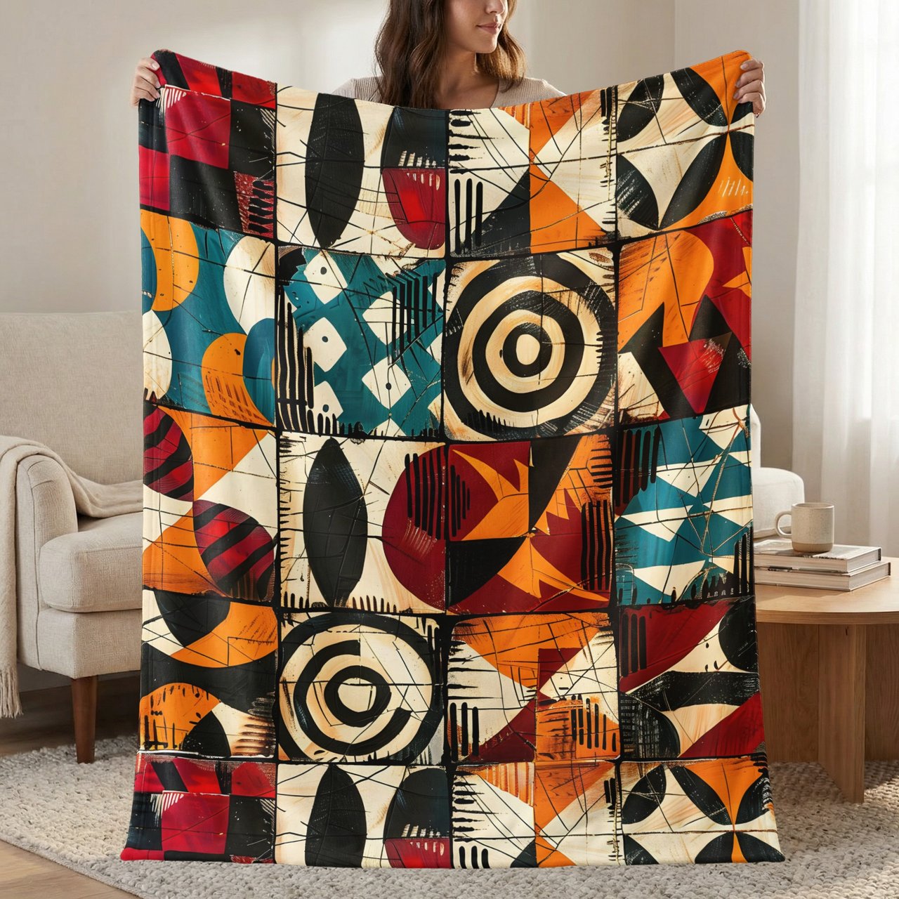 Abstract Geometric Pattern Velveteen Blanket, Woven Blanket, Throw Pillows - Modern Mid-Century Home Decor Gift