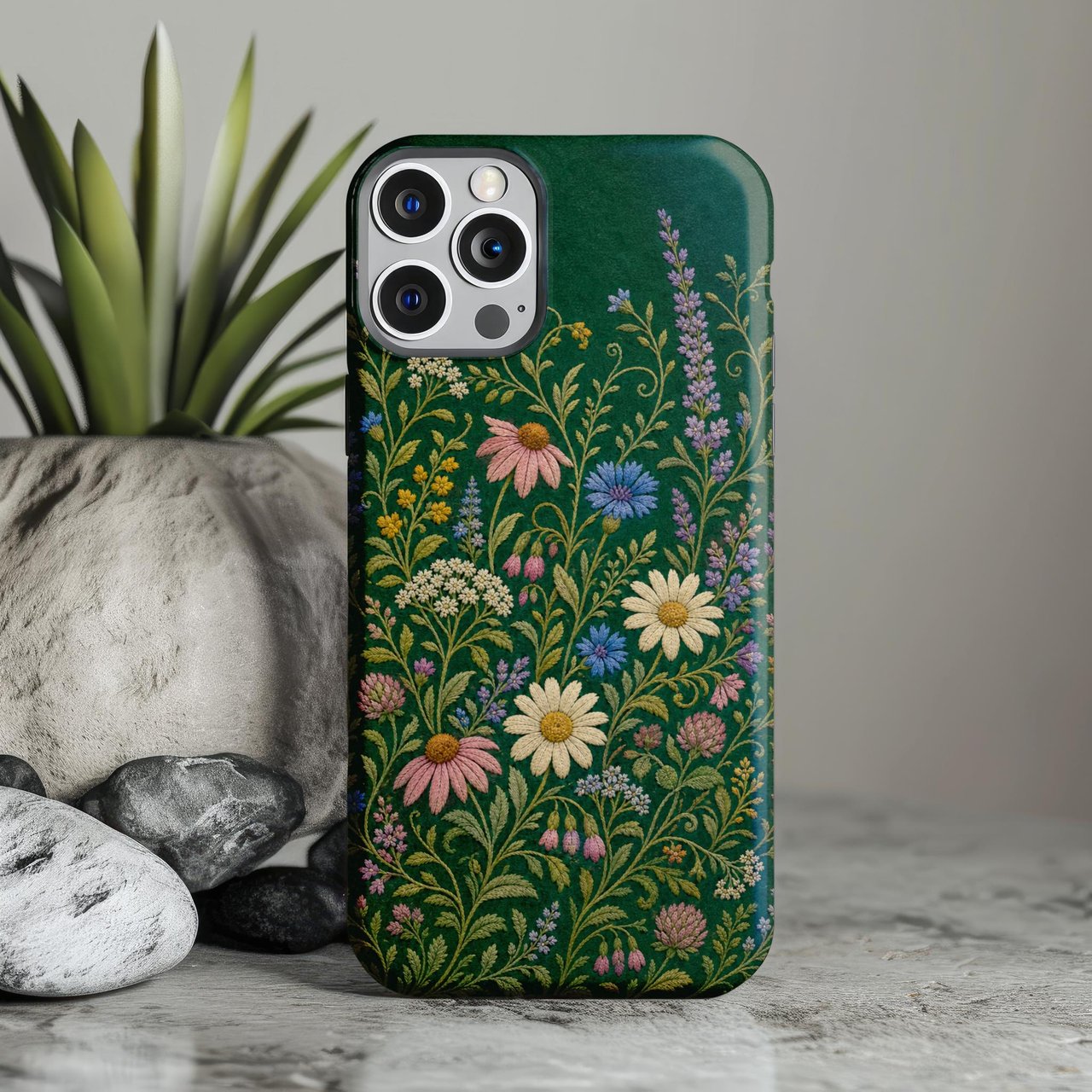 Wildflower Tough Phone Case Cottagecore Dark Green Floral Cover Faux Embroidery Botanical Aesthetic Phone Case for Nature Lover Gift