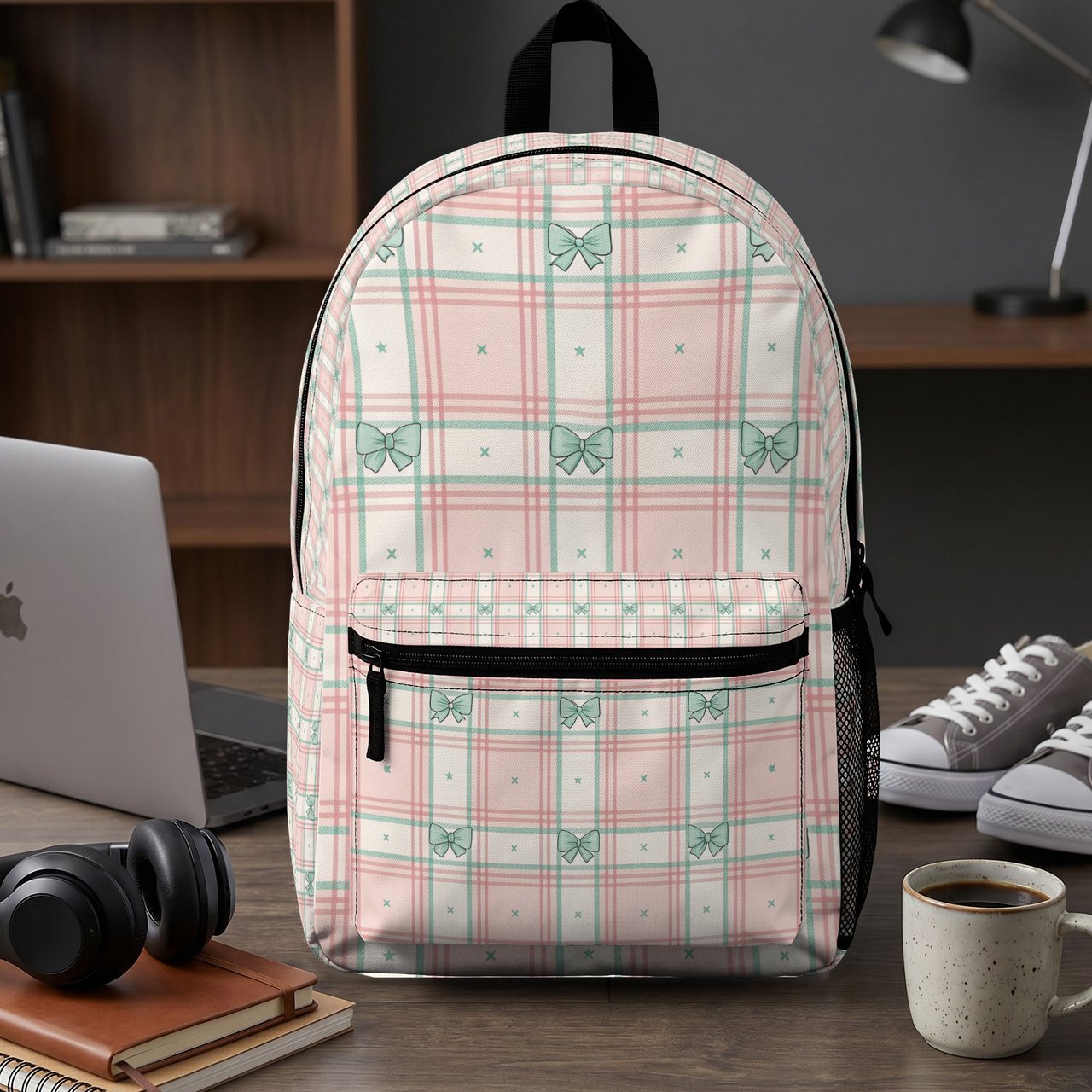 Girly Plaid Mint Bow Backpack, Aesthetic Cottagecore Spiral Notebook, Coquette Accessory Pouch for Her