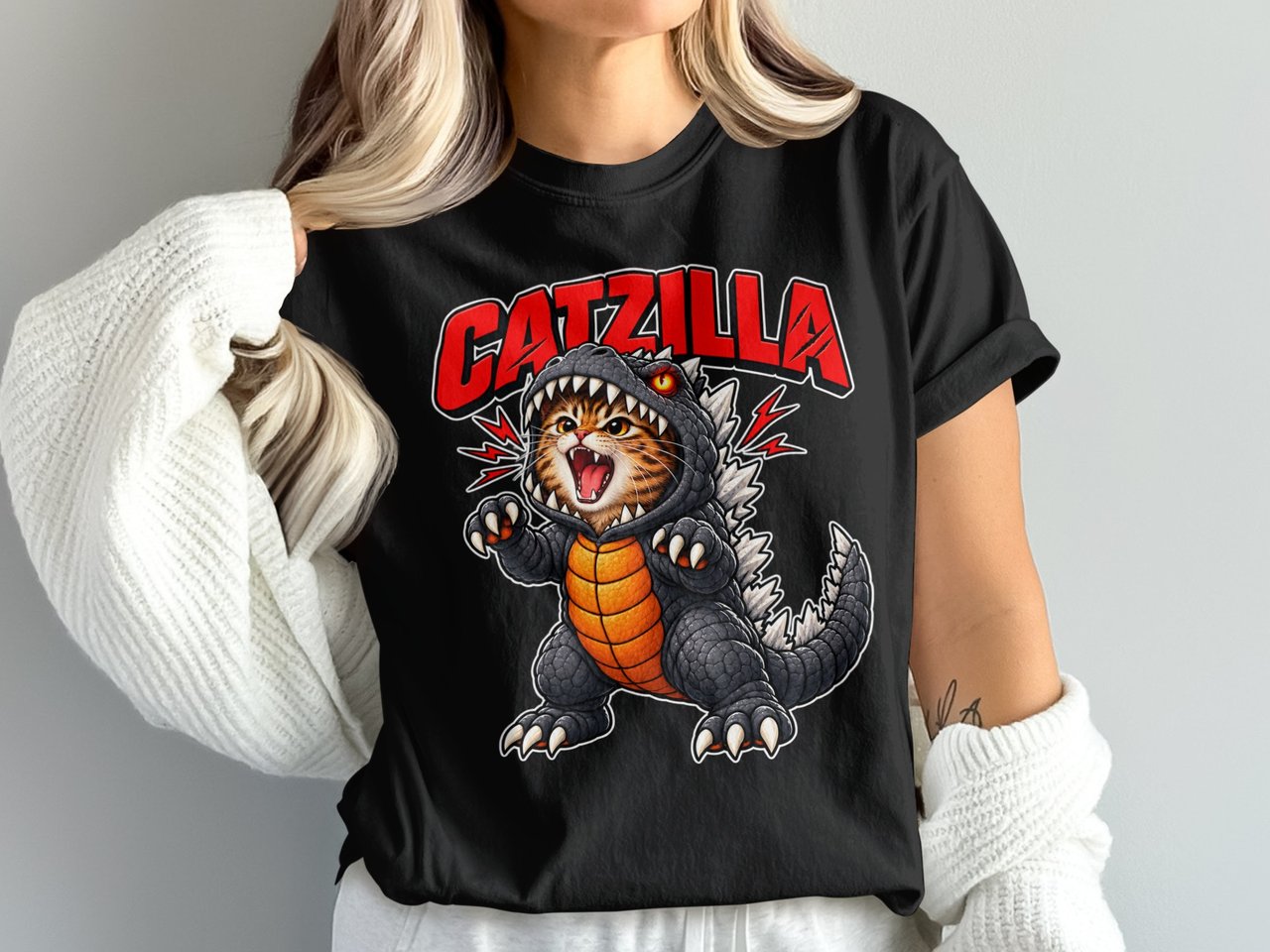 Catzilla Graphic Tabby Cat In Monster Dinosaur Kaiju Costume Print Standard T-Shirts