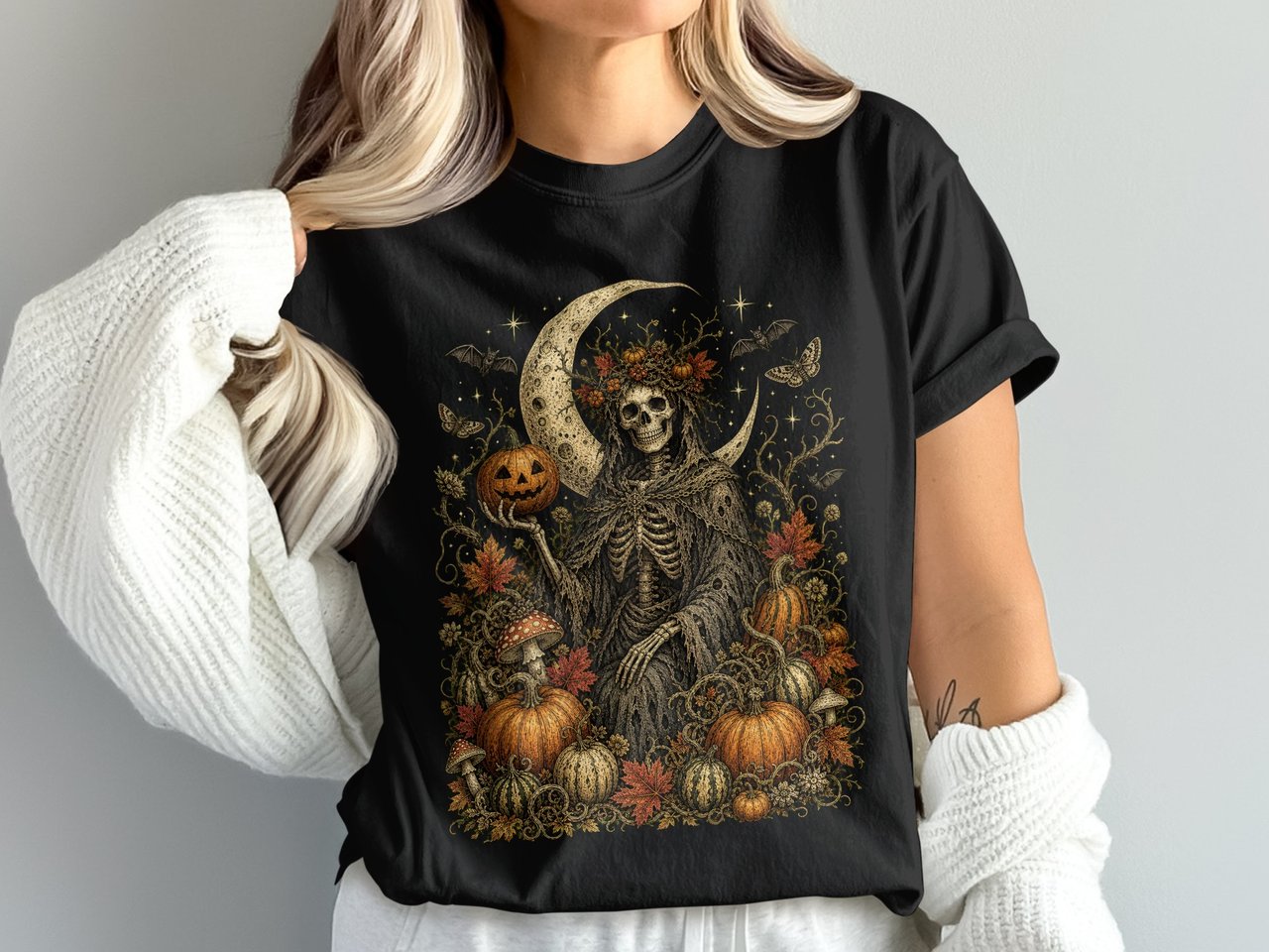 Autumn Grim Reaper Skeleton Pumpkin T-Shirt, Goth Witchy Fall Spooky Season Tee, Dark Academia Vintage Moon Comfort Colors® Shirt Gift
