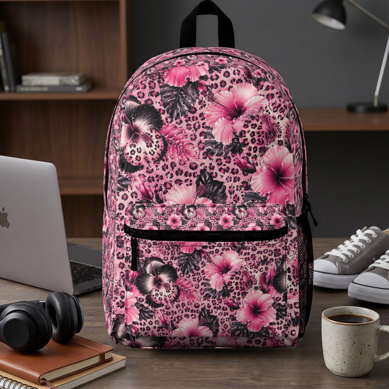 Pink Hibiscus Leopard Print Backpack, Tropical Floral Animal School Bag, Y2K Aesthetic Spiral Notebook Set, Gifts for Her