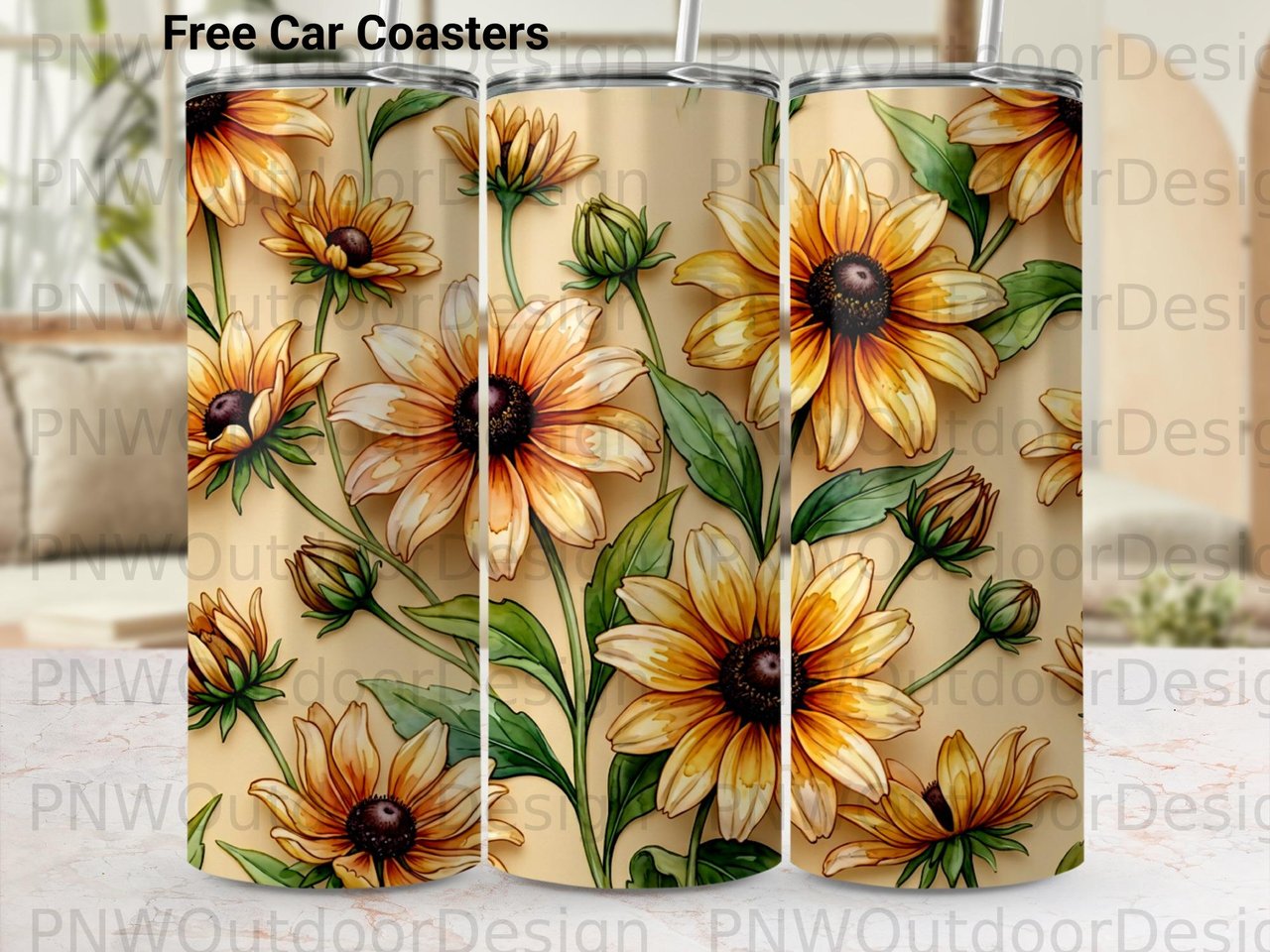 Black Eyed Susan Tumbler Wrap PNG, Floral Sublimation Design 20oz Skinny Seamless Digital Download, Botanical Flower Tumbler Design